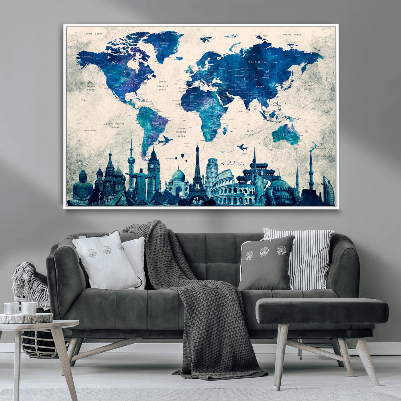 MGV-FC-36X24 - Blue World Map Wall Art Canvas Print, Framed Iconic Landmarks Art Picture Print, Blue Globe Map Perfect Elegant Explorer Decor Artwork