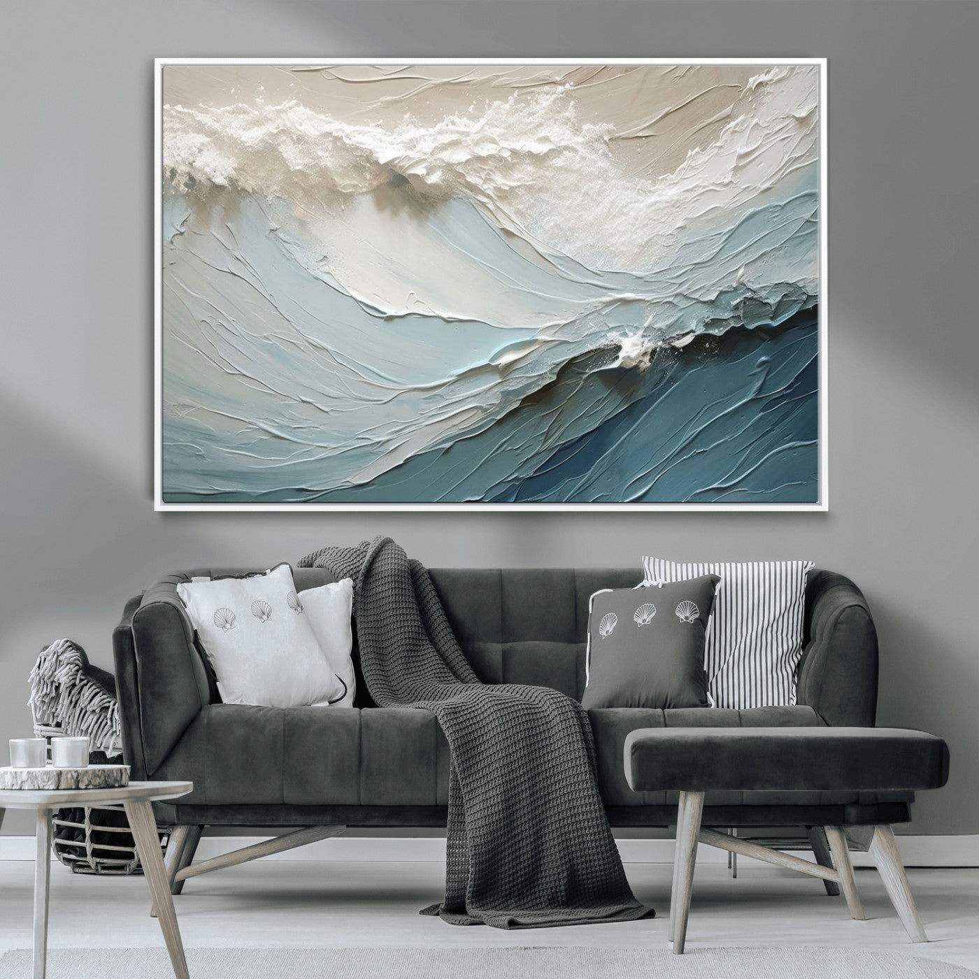 53646-MGV-CV-36X24-Ocean Wave Wall Art Canvas Print, Framed Textured Seascape Art Picture Print, Modern Ocean Perfect Minimal Coastal 2/2 Decor