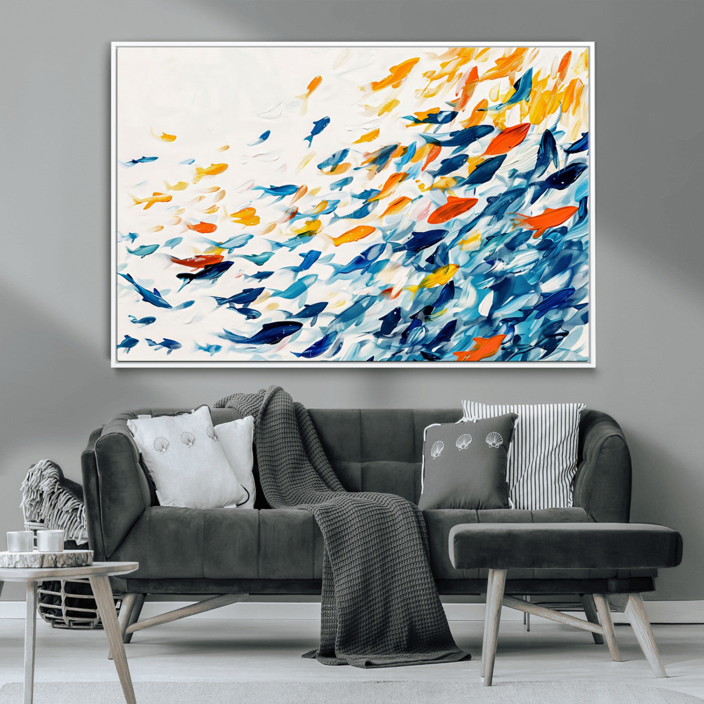 84837-MGV-CV-36X24-Colorful Fish Wall Art Canvas Print, Framed Fish Swarm Art Picture Print, Brushstroke Fish Perfect Modern Coastal Decor Artwork