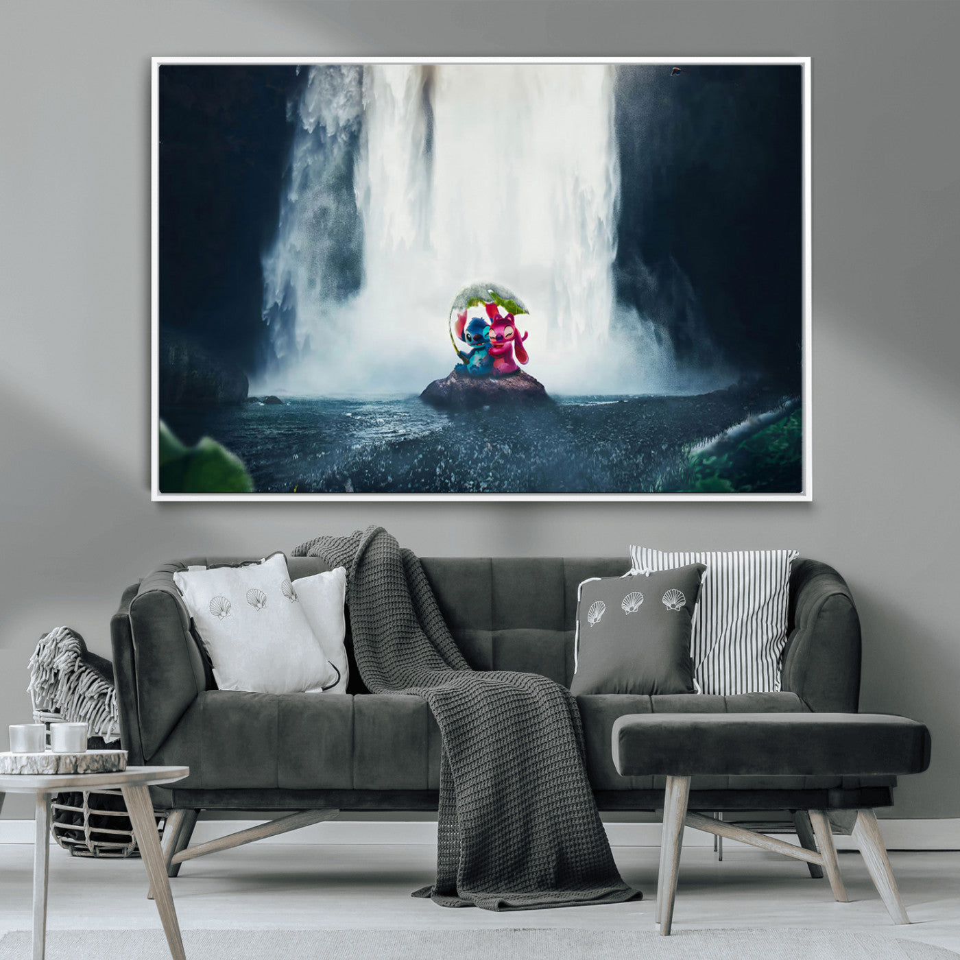 32259-MGV-CV-36X24-Stitch Angel Wall Art Canvas Print, Framed Stitch Waterfall Art Picture Print, Cartoon Couple Perfect Moody Fantasy Decor Artwork