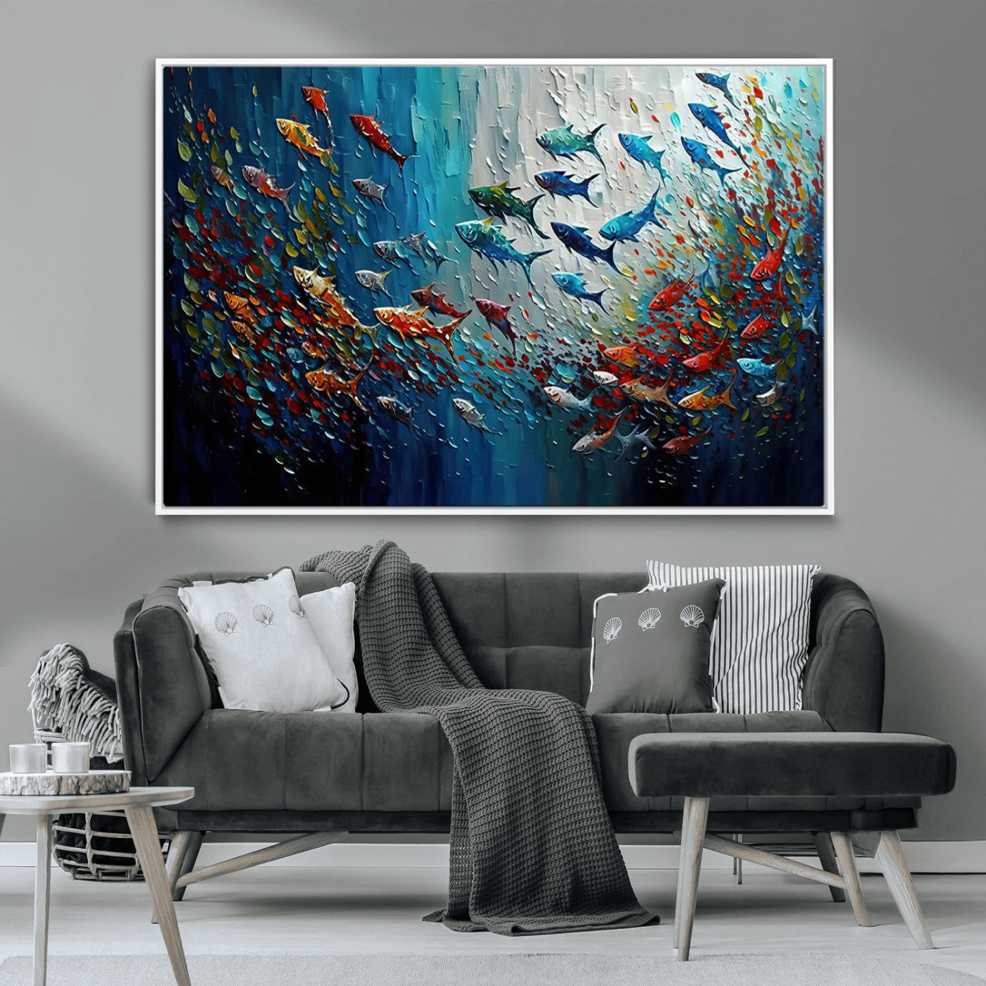 89626-MGV-CV-36X24-Fish Swarm Wall Art Canvas Print, Framed Abstract Ocean Art Picture Print, Underwater Life Perfect Vibrant Coastal Decor Artwork