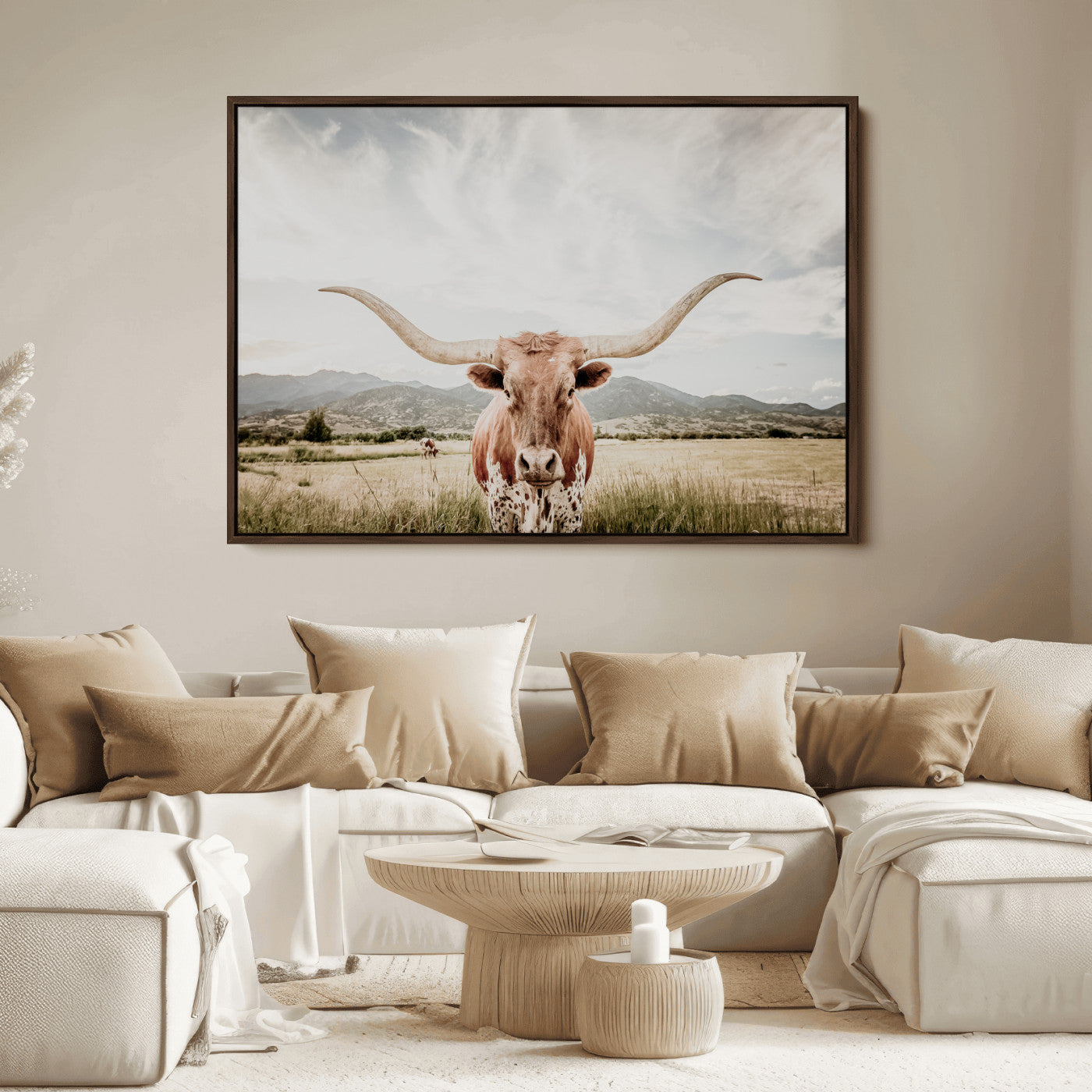 80054319-MGV-FC-36X24_Walnut-Texas Longhorn Wall Art Canvas Print, Framed Western Cow Art Picture Print, Rustic Farmhouse Perfect Farmhouse Decor Artwork