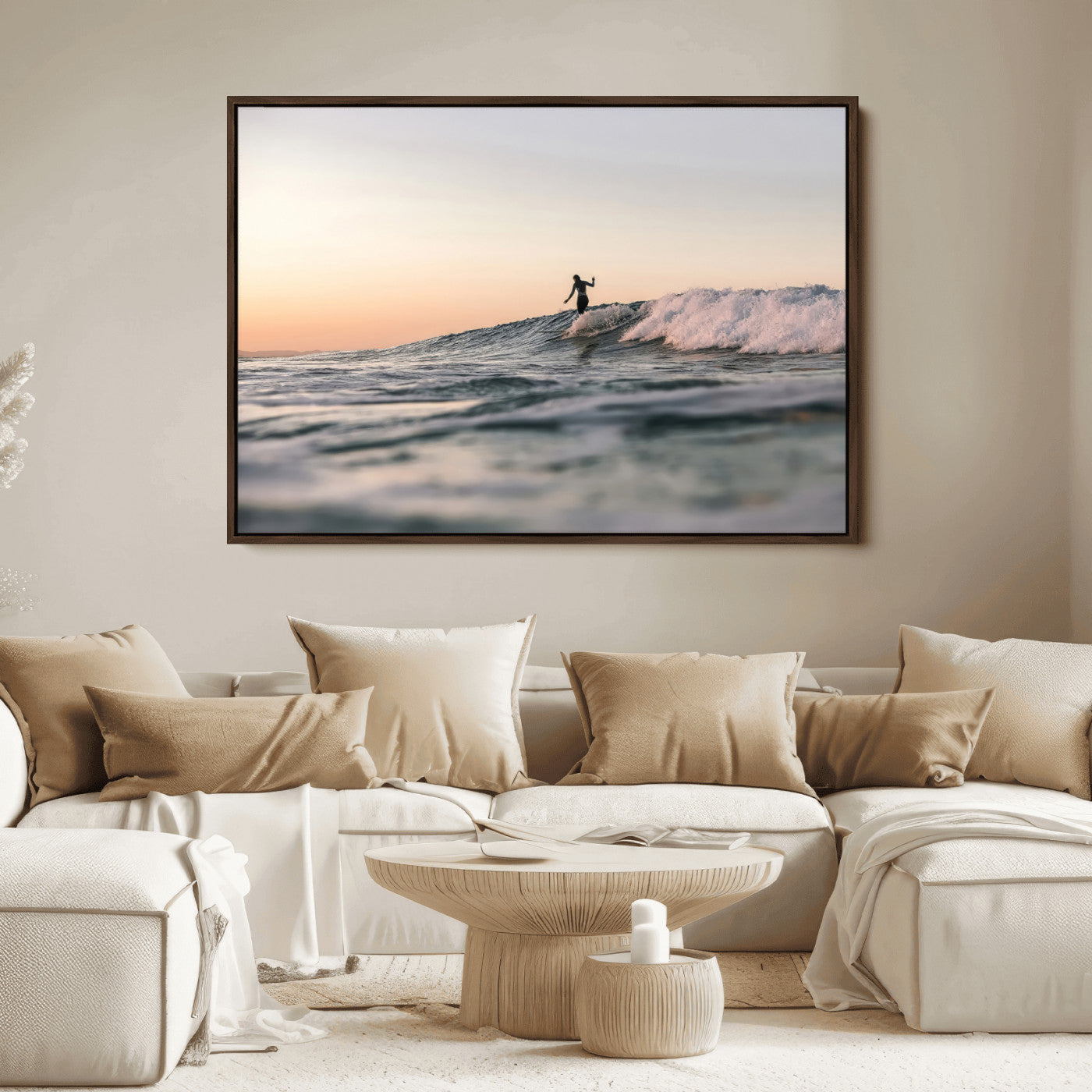 58502923-MGV-FC-36X24_Walnut-Wave Rider Wall Art Canvas Print, Framed Ocean Wave Art Picture Print, Riding Surf Perfect Sunset Surf Decor Artwork