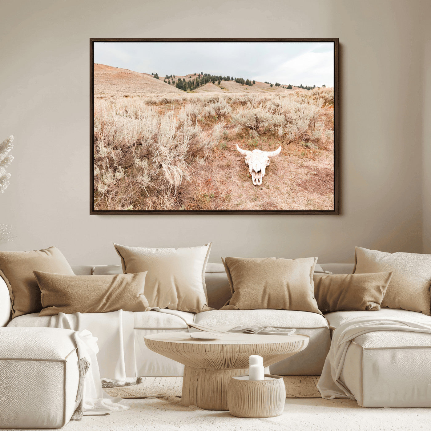 97234735-MGV-FC-36X24_Walnut-Rustic Bones Wall Art Canvas Print, Framed Desert Sage Art Picture Print, Prairie Skull Perfect Minimal Rustic Decor Artwork