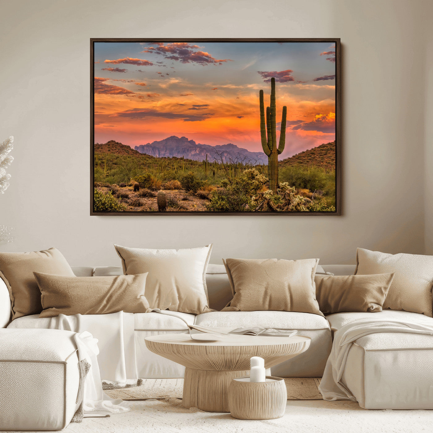 25332783-MGV-FC-36X24_Walnut-Saguaro Cactus Wall Art Canvas Print, Framed Arizona Sunset Art Picture Print, Sonoran Desert Perfect Southwestern Boho Decor