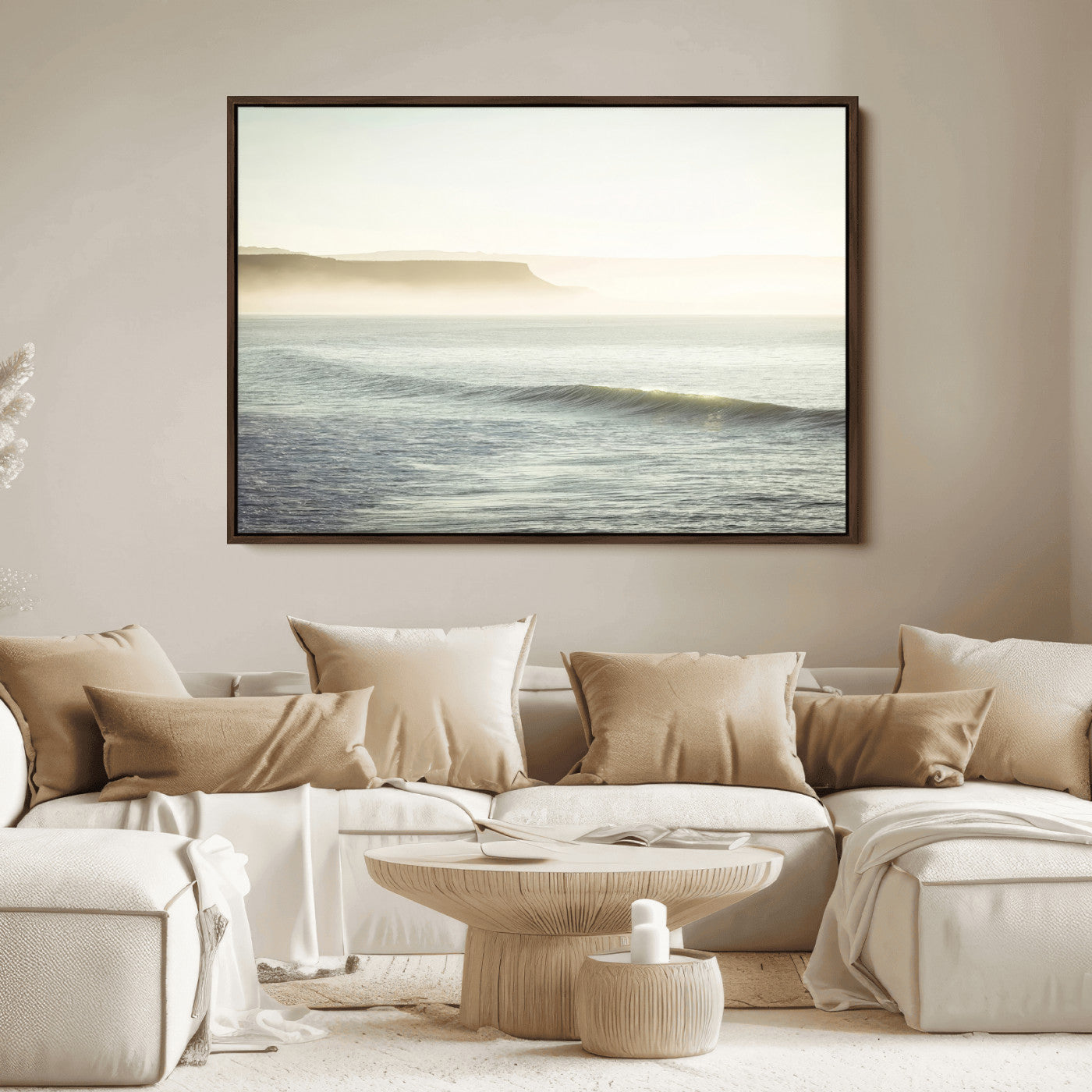39310633-MGV-FC-36X24_Walnut-Coastal Cliffs Wall Art Canvas Print, Framed Misty Ocean Art Picture Print, Morning Light Perfect Minimalistic Coastal Decor