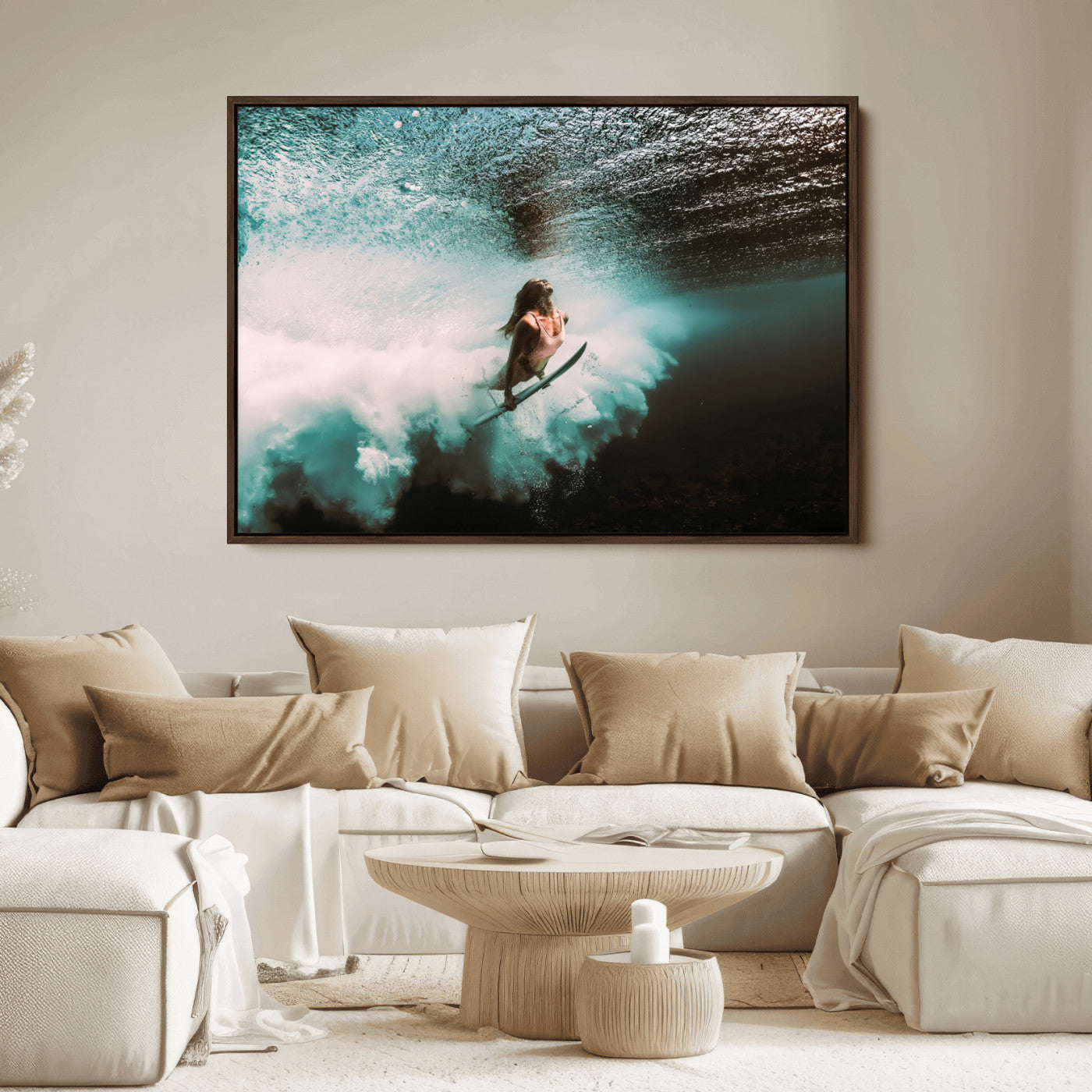 85923512-MGV-FC-36X24_Walnut-Aquatic Motion Wall Art Canvas Print, Framed Underwater Swimming Art Picture Print, Female Surfer Diving Perfect Coastal Boho