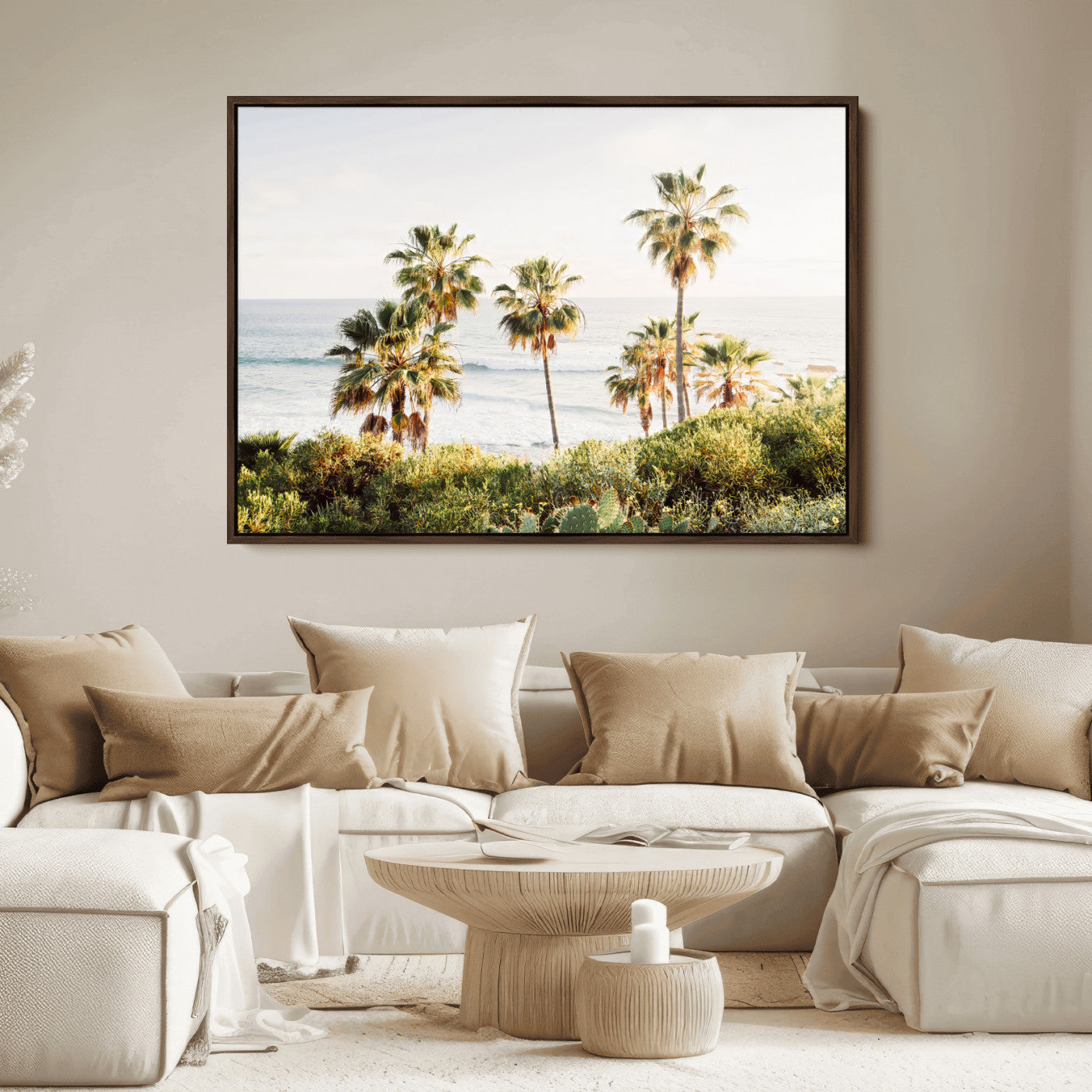 94707294-MGV-FC-36X24_Walnut-California Coast Wall Art Canvas Print, Framed Palm Trees Art Picture Print, Coastal Landscape Perfect Coastal Minimalist Decor