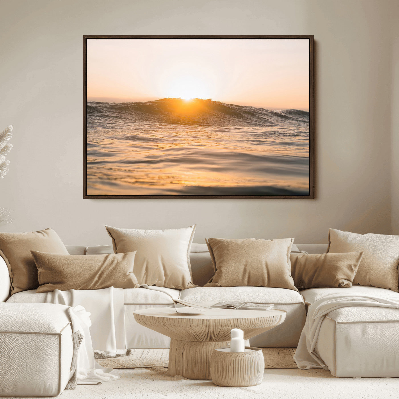 16973771-MGV-FC-36X24_Walnut-Calm Water Wall Art Canvas Print, Framed Sunset Waves Art Picture Print, Coastal Warmth Perfect Warm Minimalist Decor Artwork