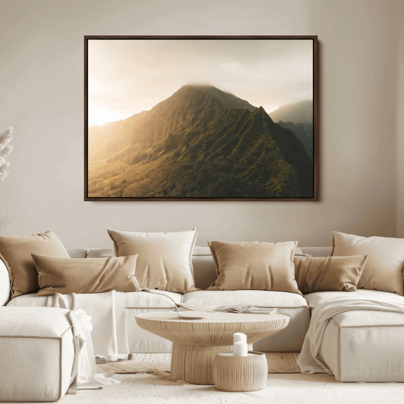 42338636-MGV-FC-36X24_Walnut-Golden Mountain Wall Art Canvas Print, Framed Misty Summit Art Picture Print, Rugged Landscape Perfect Moody Wilderness Decor