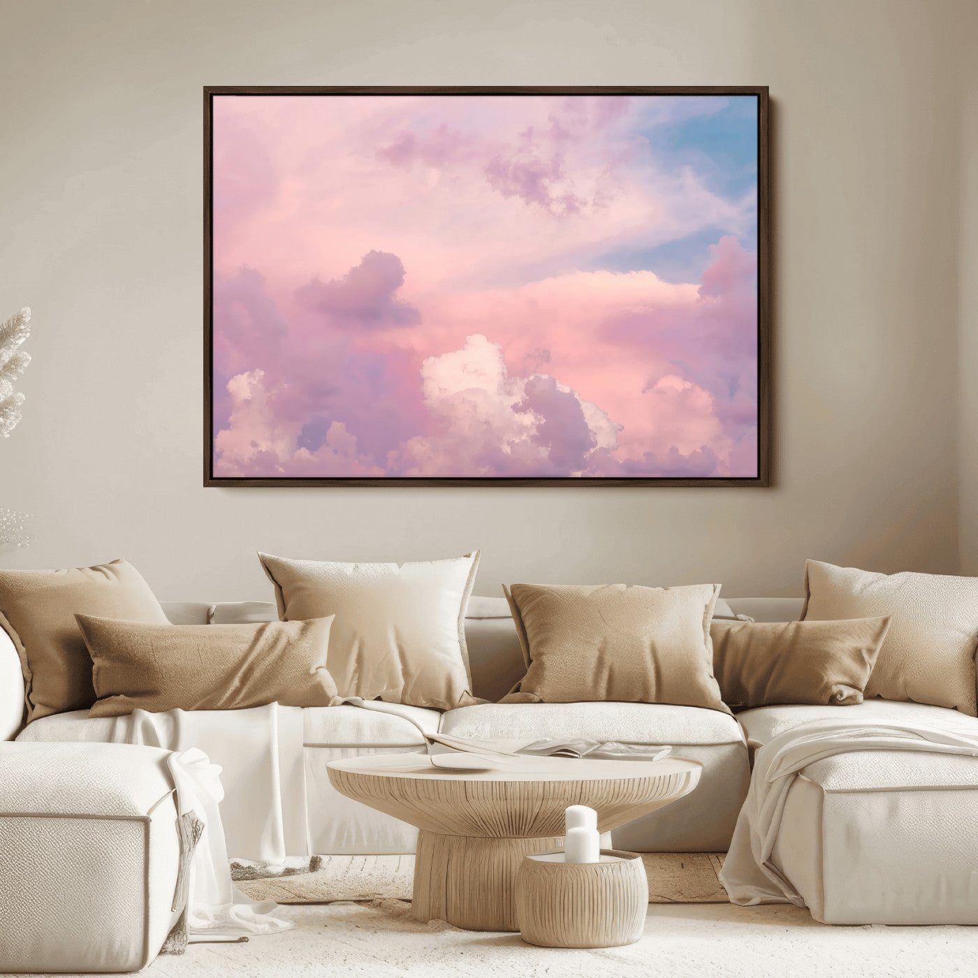 22874890-MGV-FC-36X24_Walnut-Pastel Sky Wall Art Canvas Print, Framed Dreamy Cloudscape Art Picture Print, Sunset Glow Perfect Minimalist Serenity Decor