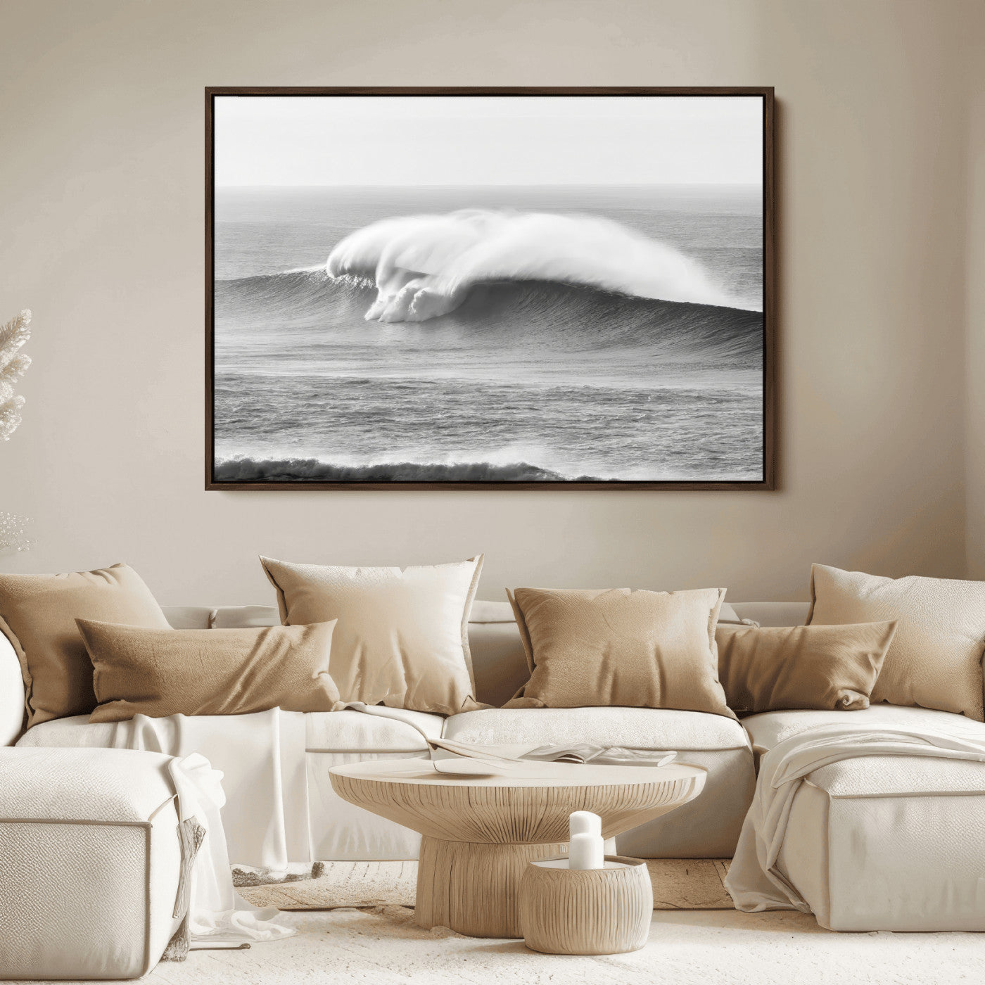 42544082-MGV-FC-36X24_Walnut-Monochrome Seascape Wall Art Canvas Print, Framed Surf Wave Art Picture Print, Minimalist Ocean Perfect Moody Coastal Decor