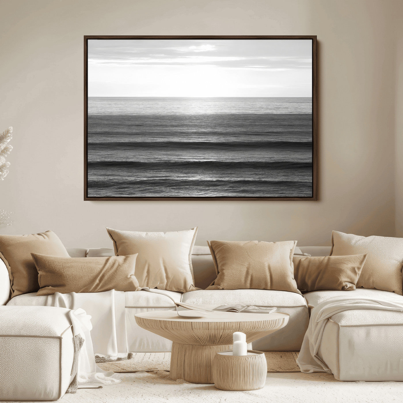 47305203-MGV-FC-36X24_Walnut-Monochrome Ocean Wall Art Canvas Print, Framed Moody Ocean Art Picture Print, Calm Ocean Perfect Minimalist Coastal Decor Artwork