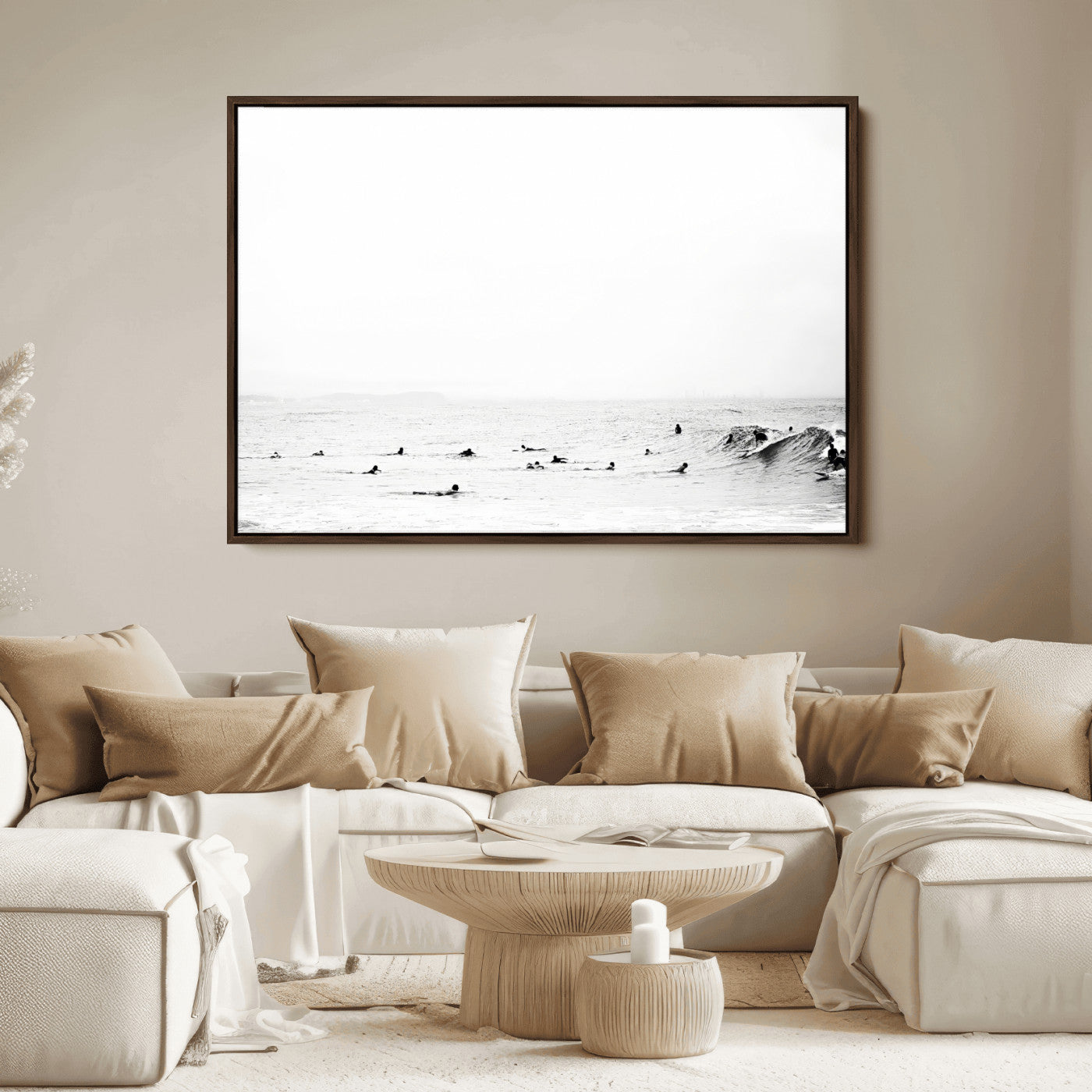 38441169-MGV-FC-36X24_Walnut-Monochrome Swimming Wall Art Canvas Print, Framed Ocean Horizon Art Picture Print, Moody Coastal Perfect Minimalist Coastal Decor