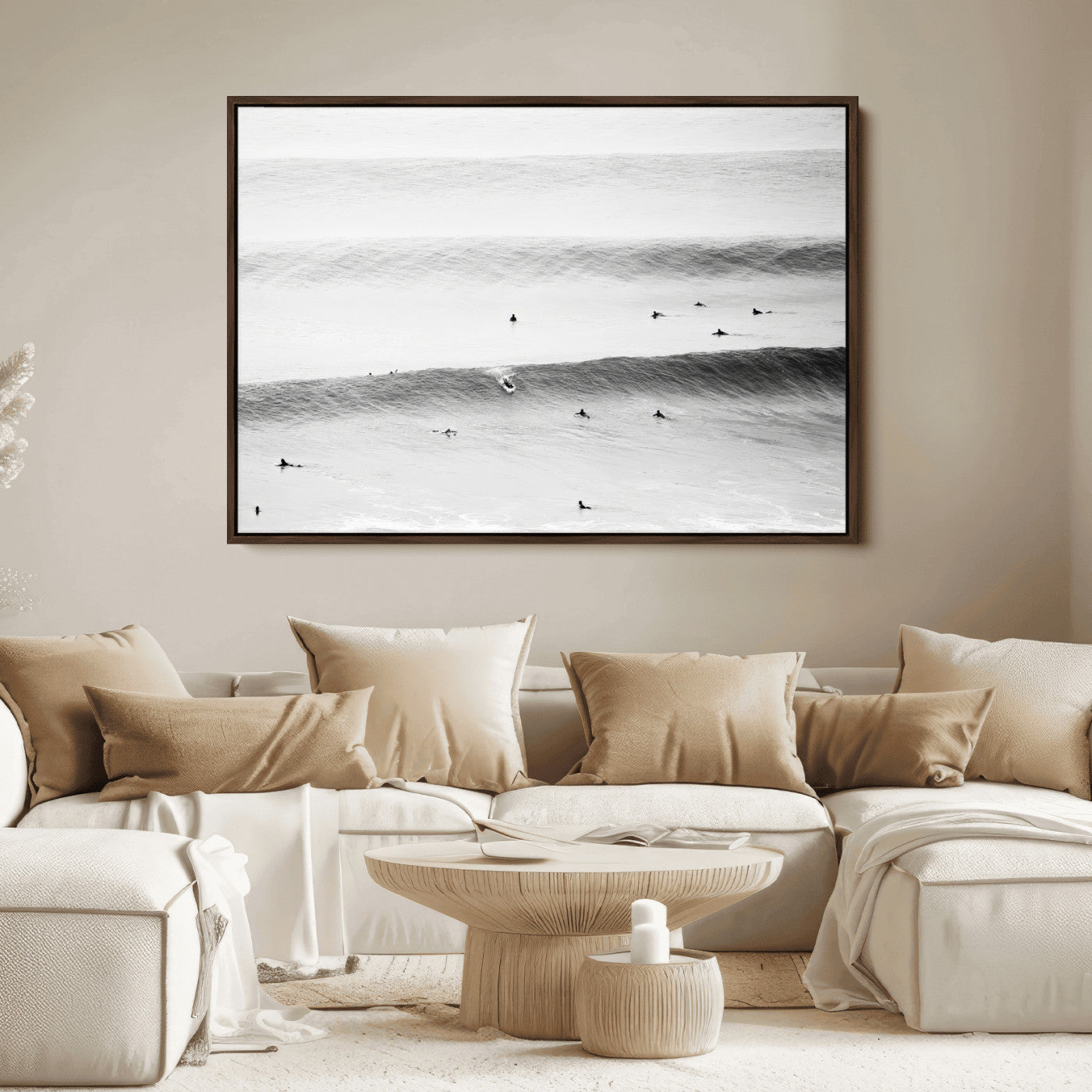 54291445-MGV-FC-36X24_Walnut-Black White Ocean Wall Art Canvas Print, Framed Coastal Sport Art Picture Print, Ocean Culture Perfect Minimalist Coastal Decor
