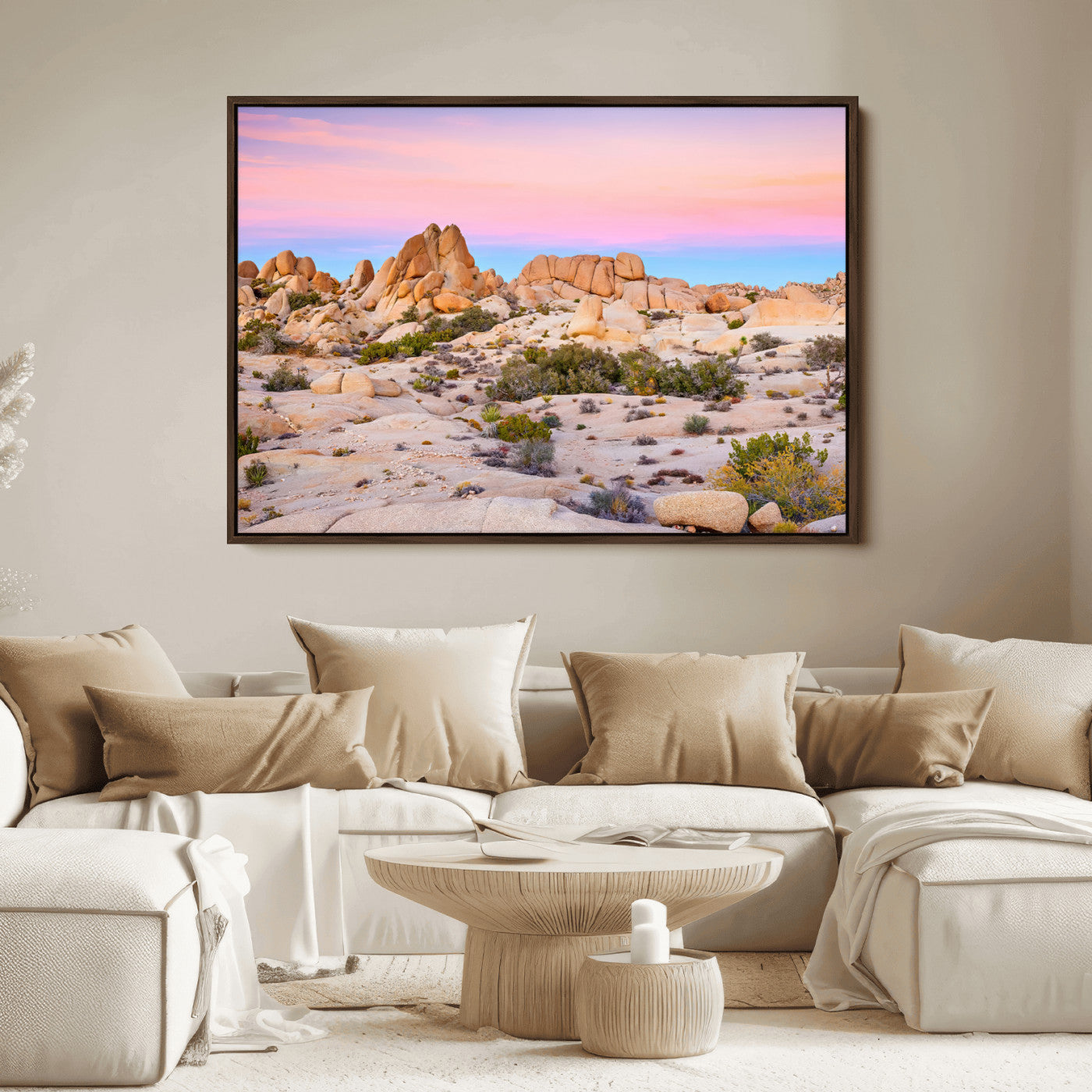 96167137-MGV-FC-36X24_Walnut-Vibrant Sunset Sky Wall Art Canvas Print, Framed Joshua Tree Art Picture Print, Rugged Terrain Perfect Southwestern Boho Decor