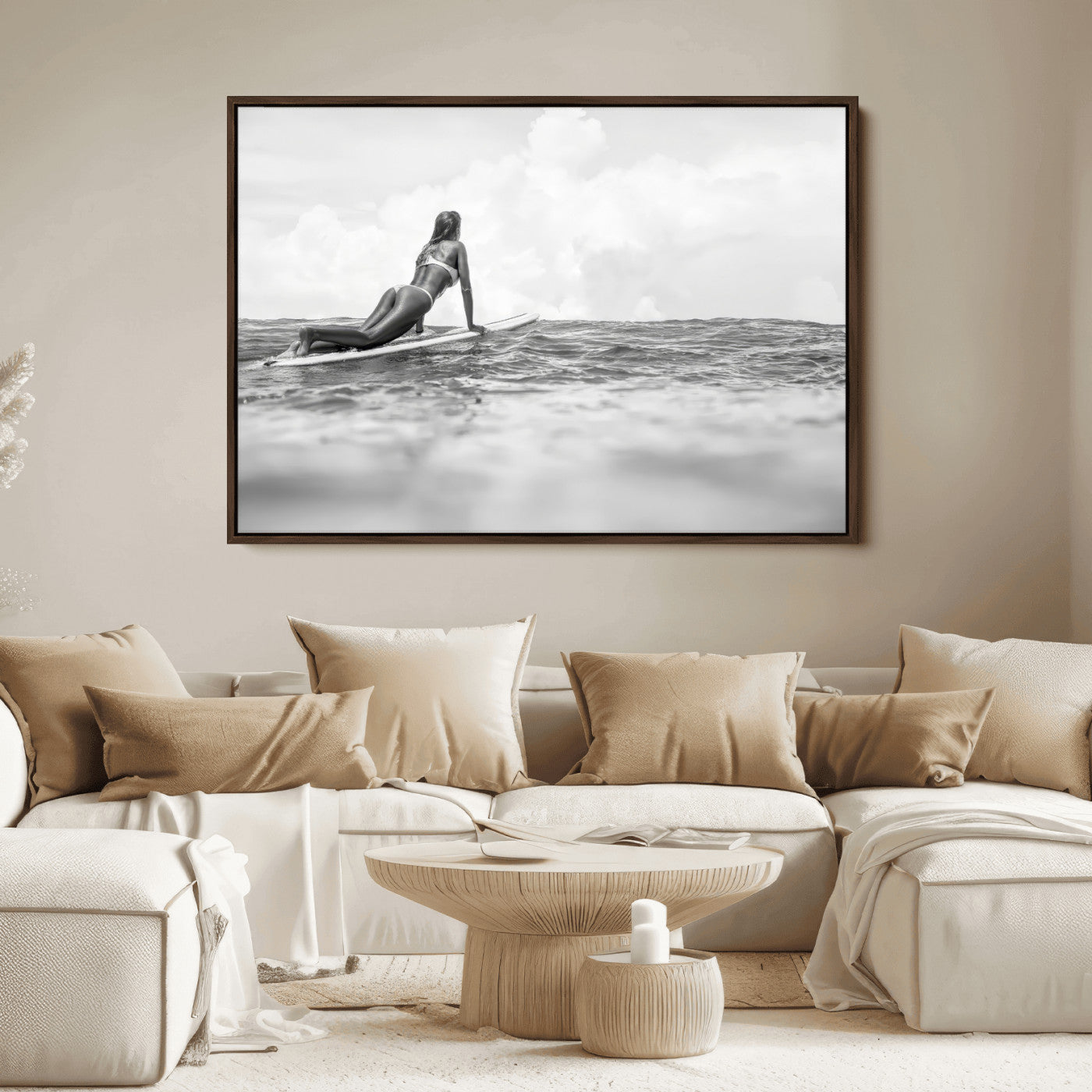 69798068-MGV-FC-36X24_Walnut-Black White Surfing Wall Art Canvas Print, Framed Ocean Horizon Art Picture Print, Surfer Girl Perfect Coastal Adventure Decor