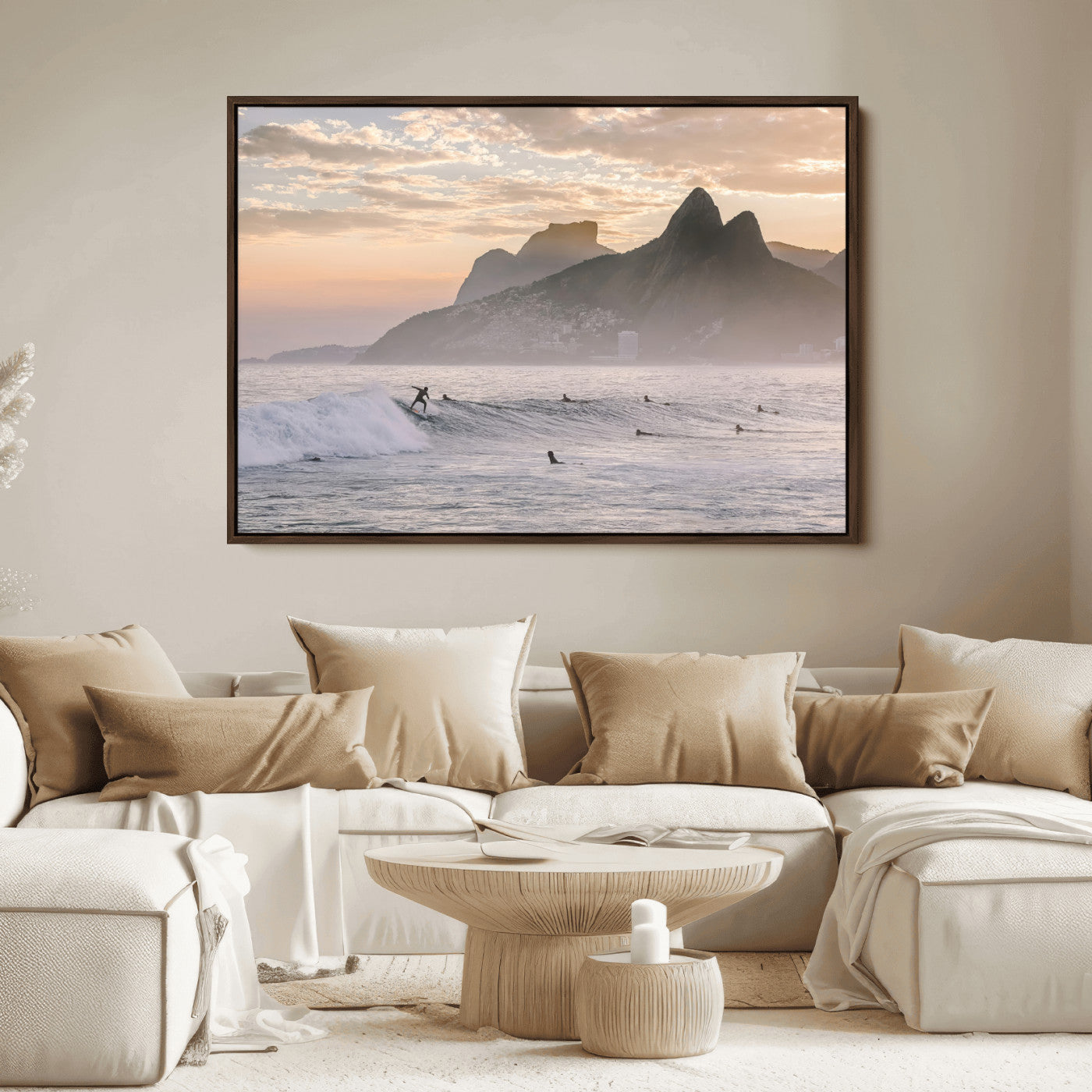 70644906-MGV-FC-36X24_Walnut-Sunset Surfing Wall Art Canvas Print, Framed Misty Mountains Art Picture Print, Surfer Riding Wave Perfect Coastal Adventure Decor