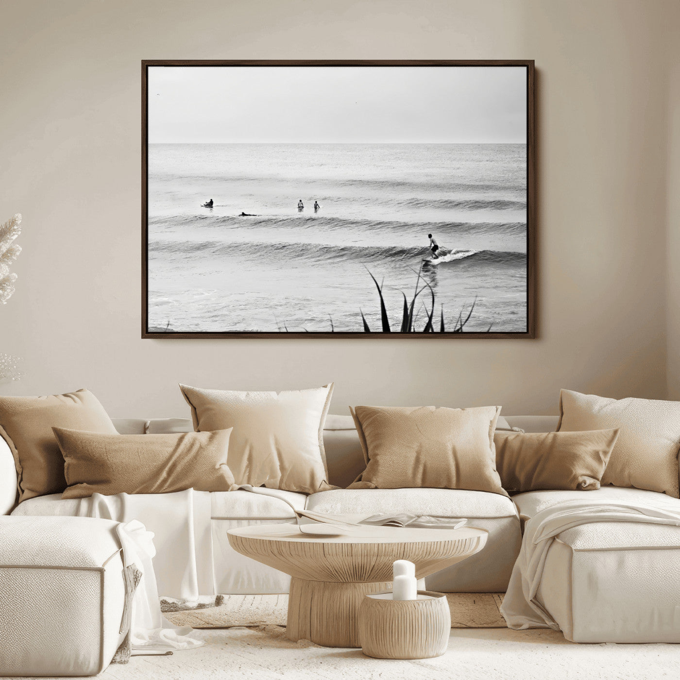33821421-MGV-FC-36X24_Walnut-Surfer Silhouette Wall Art Canvas Print, Framed Calm Ocean Art Picture Print, Monochrome Surf Perfect Minimalist Coastal Decor