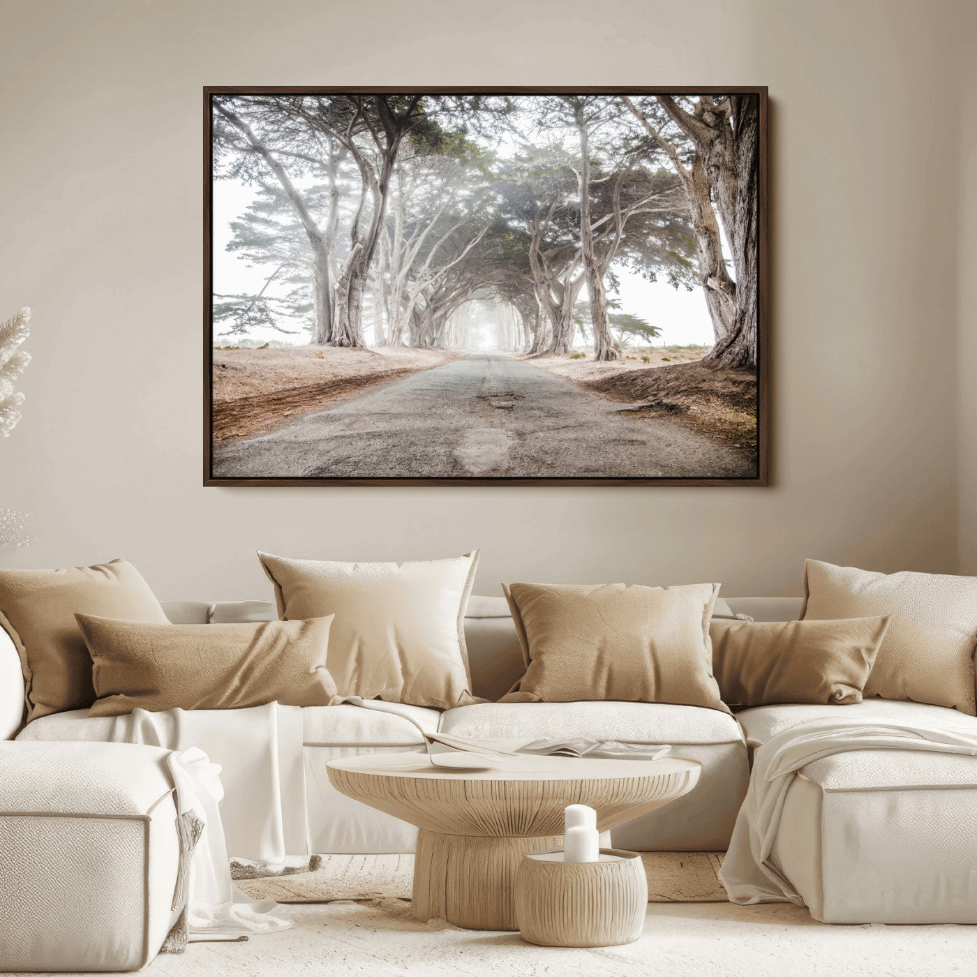 87090469-MGV-FC-36X24_Walnut-Cypress Tunnel Wall Art Canvas Print, Framed Misty Road Art Picture Print, Foggy Trees Perfect Rustic Woodland Decor Artwork
