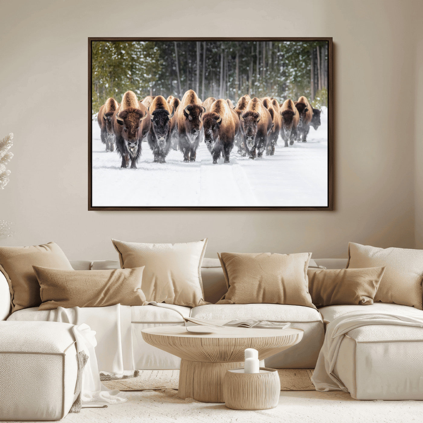 22695857-MGV-FC-36X24_Walnut-Bison Herd Scene Wall Art Canvas Print, Framed Western Wildlife Art Picture Print, Rustic Animal Art Perfect Rustic Lodge Decor