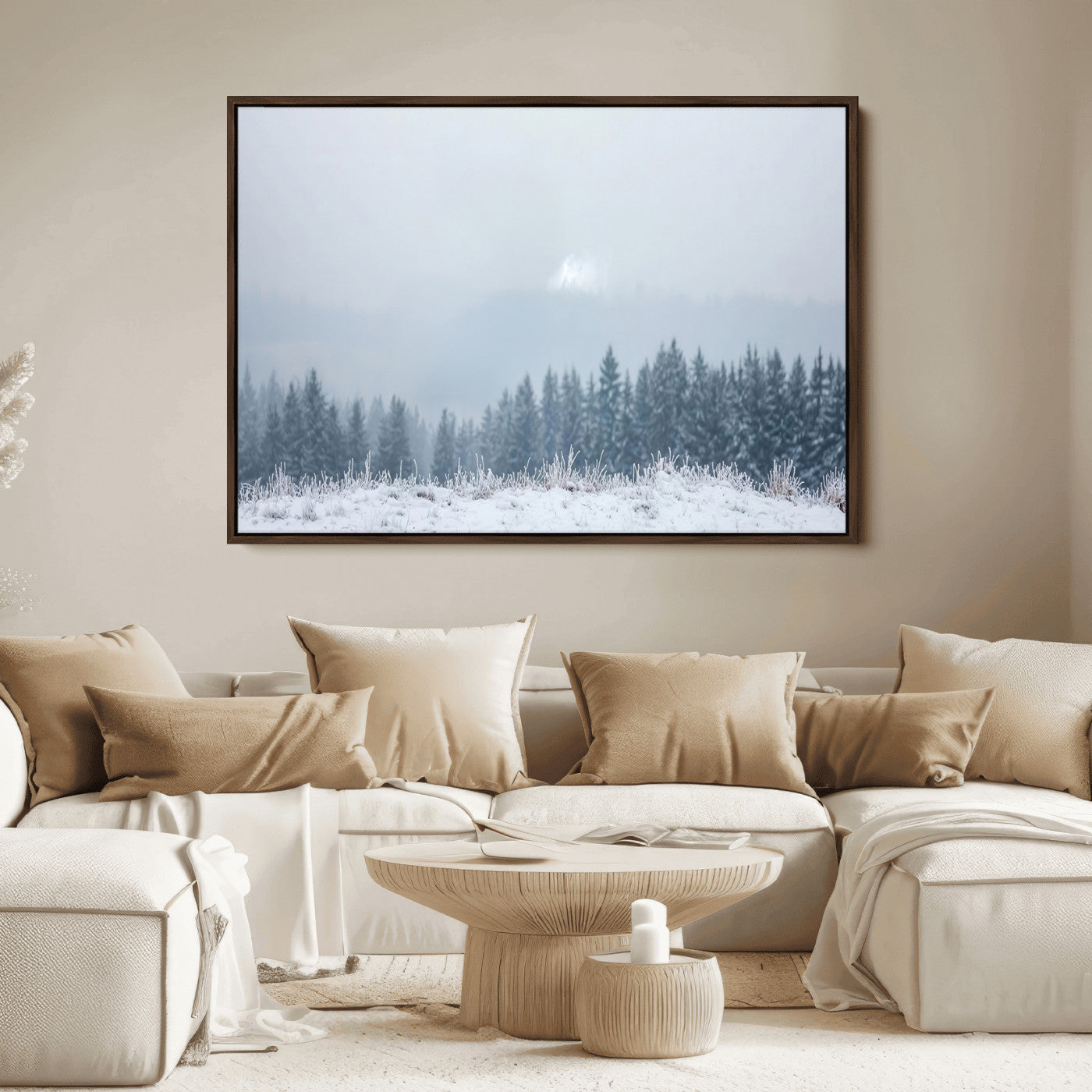 33033082-MGV-FC-36X24_Walnut-Winter Forest Art Wall Art Canvas Print, Framed Snowy Landscape Art Picture Print, Misty Tree Scene Perfect Nordic Minimalist