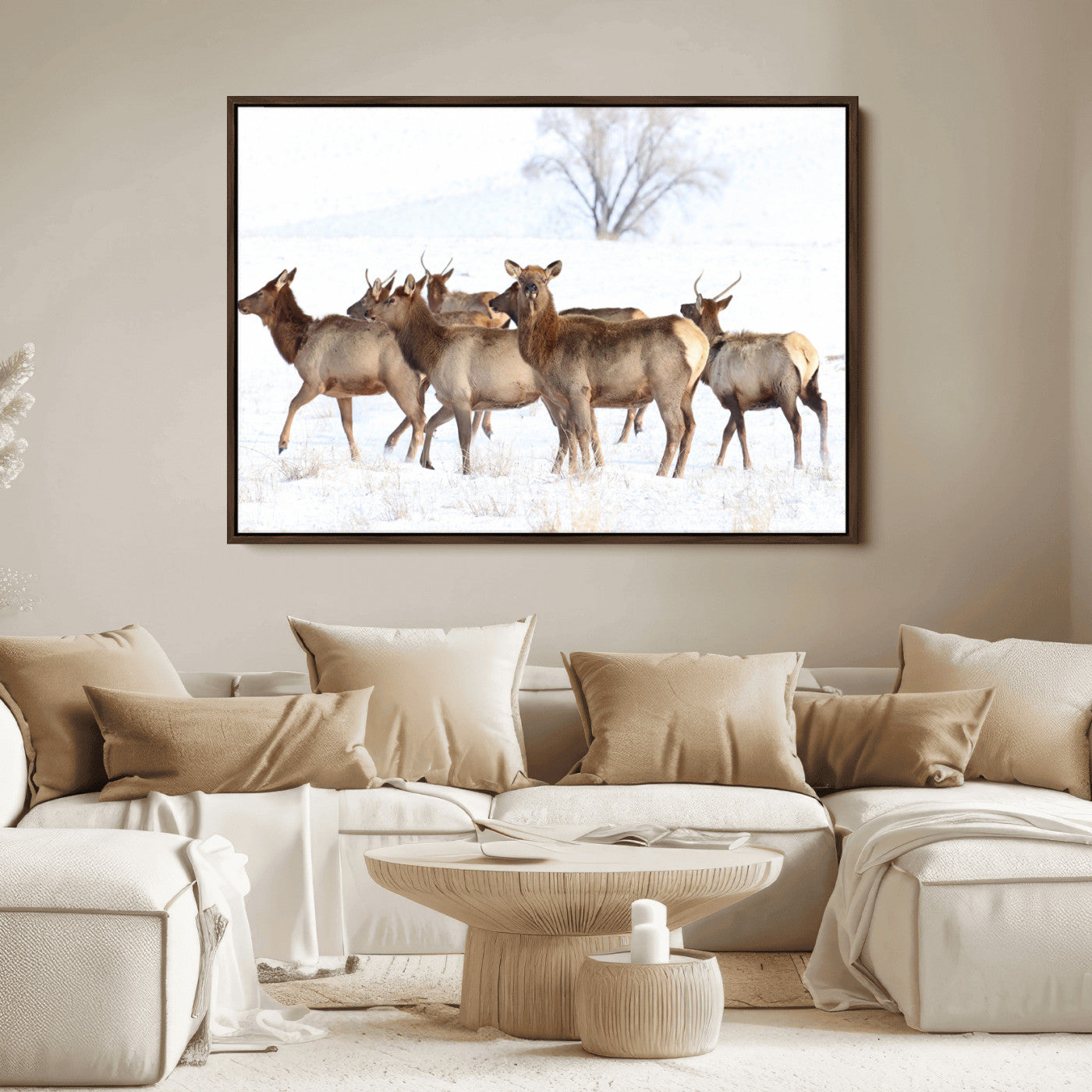 68738684-MGV-FC-36X24_Walnut-Winter Elk Scene Wall Art Canvas Print, Framed Wildlife Photography Art Picture Print, Snowy Deer Decor Perfect Rustic Lodge Decor
