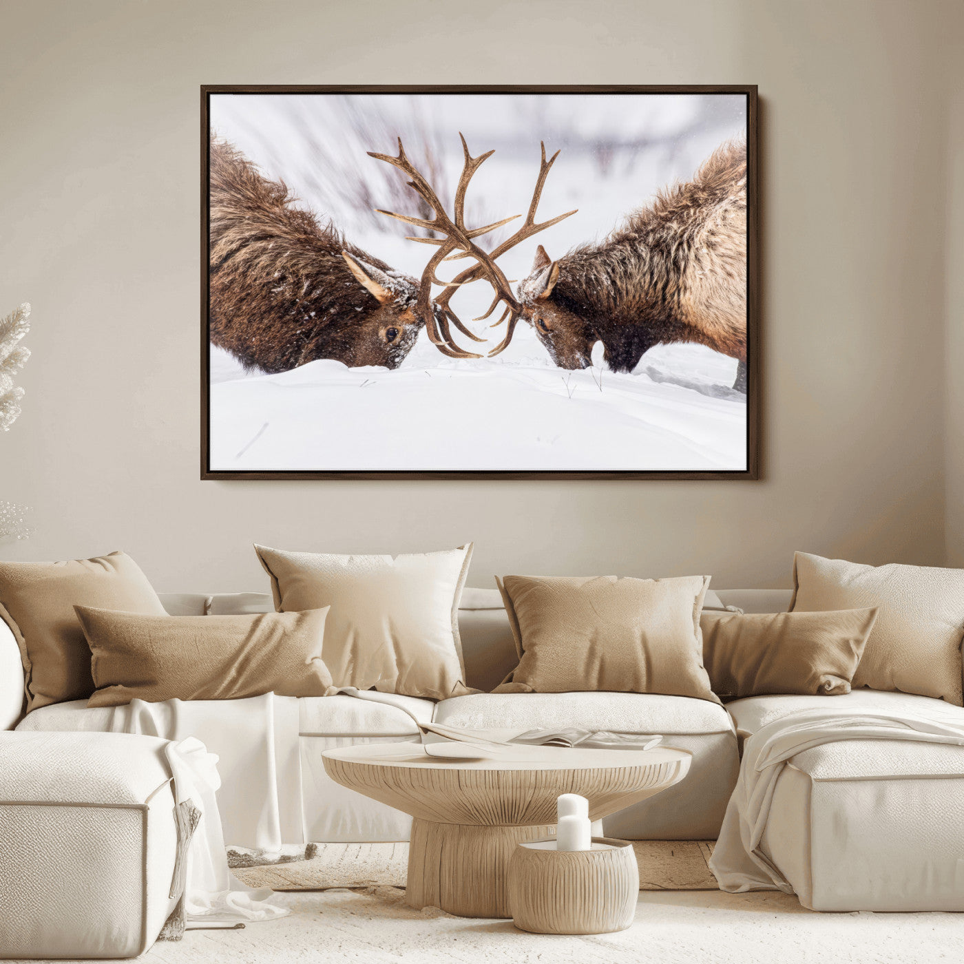 36507609-MGV-FC-36X24_Walnut-Elk Clash Scene Wall Art Canvas Print, Framed Wildlife Strength Decor Art Picture Print, Snowy Forest Elk Perfect Rustic Lodge