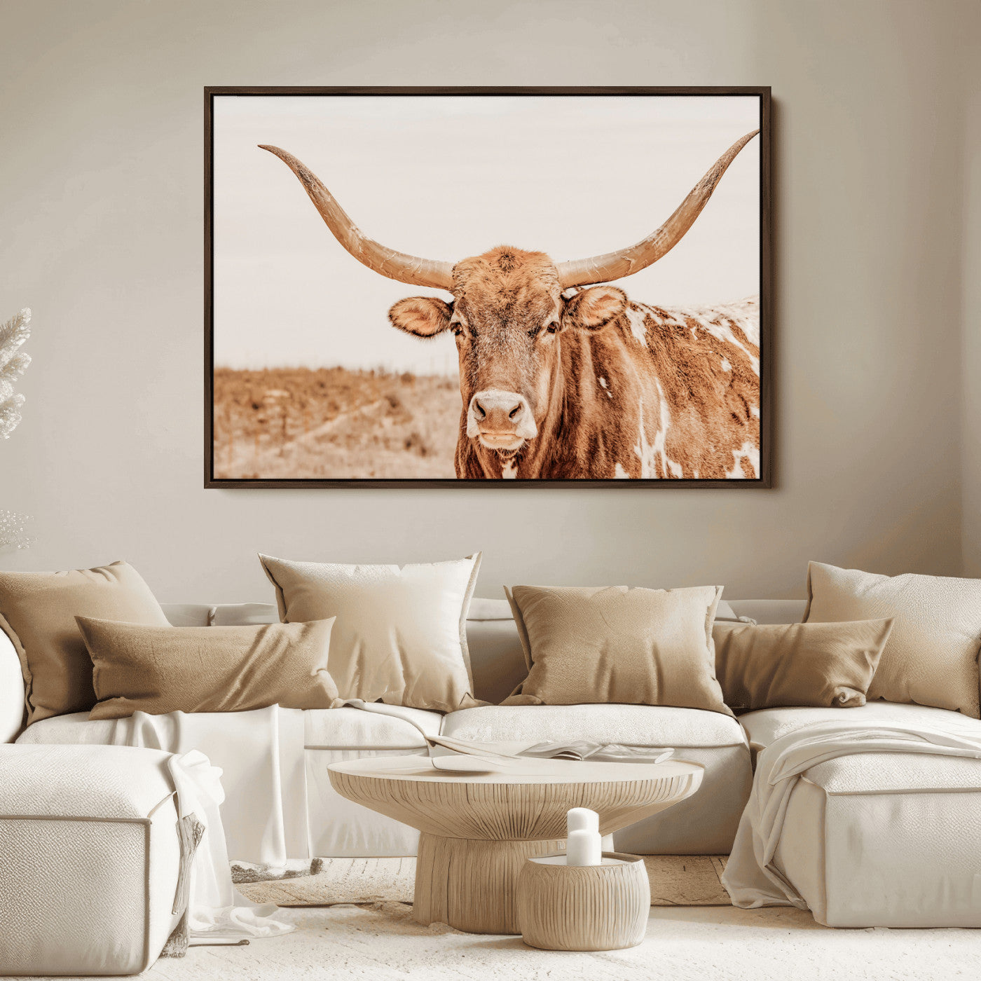 74406977-MGV-FC-36X24_Walnut-Longhorn Bull Decor Wall Art Canvas Print, Framed Western Cow Theme Art Picture Print, Rustic Farmhouse Wall Perfect Neutral