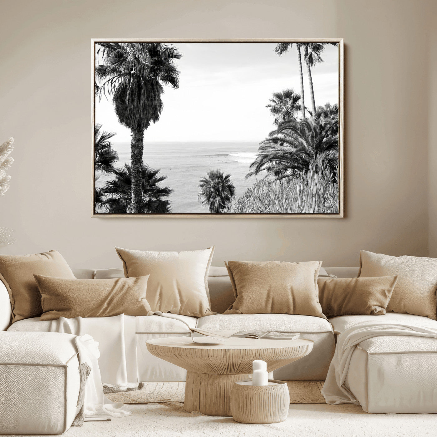 89458520-MGV-FC-36X24_Natural-Palm Trees Wall Art Canvas Print, Framed Coastal View Art Picture Print, Ocean Horizon Perfect Monochrome Coast Decor Artwork