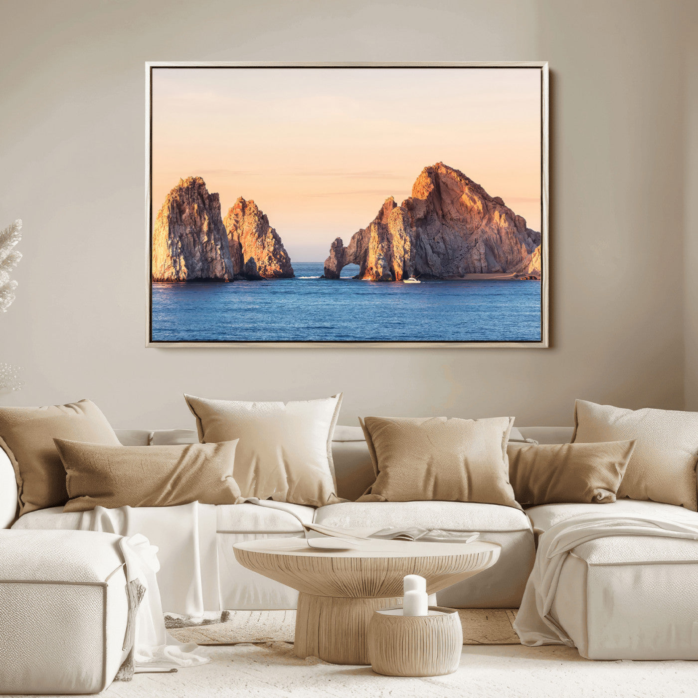 72996116-MGV-FC-36X24_Natural-El Arco Wall Art Canvas Print, Framed Cabo Rocks Art Picture Print, Ocean Arch Perfect Golden Coastal Landmark Decor Artwork