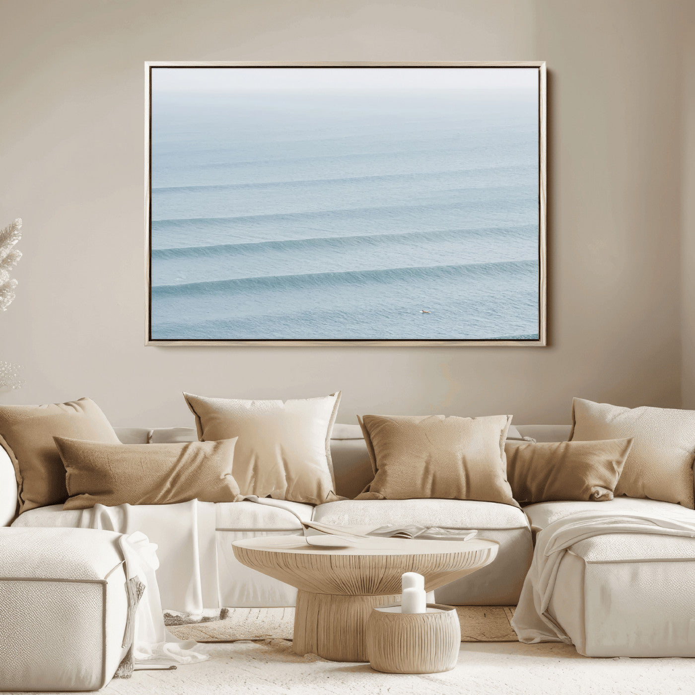 47814787-MGV-FC-36X24_Natural-Ocean Waves Wall Art Canvas Print, Framed Solo Surfer Art Picture Print, Wave Lines Perfect Minimalist Ocean Decor Artwork