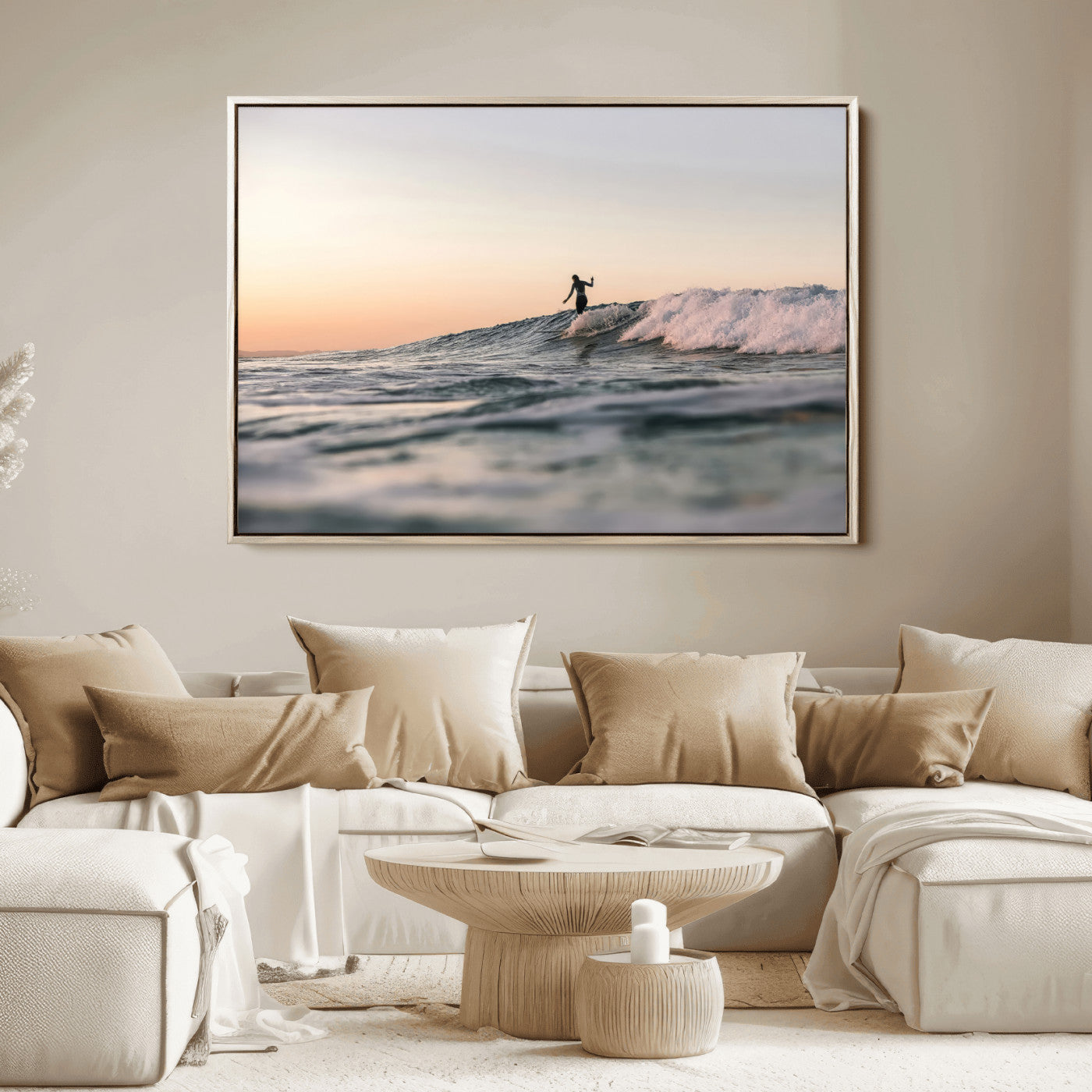 58502923-MGV-FC-36X24_Natural-Wave Rider Wall Art Canvas Print, Framed Ocean Wave Art Picture Print, Riding Surf Perfect Sunset Surf Decor Artwork