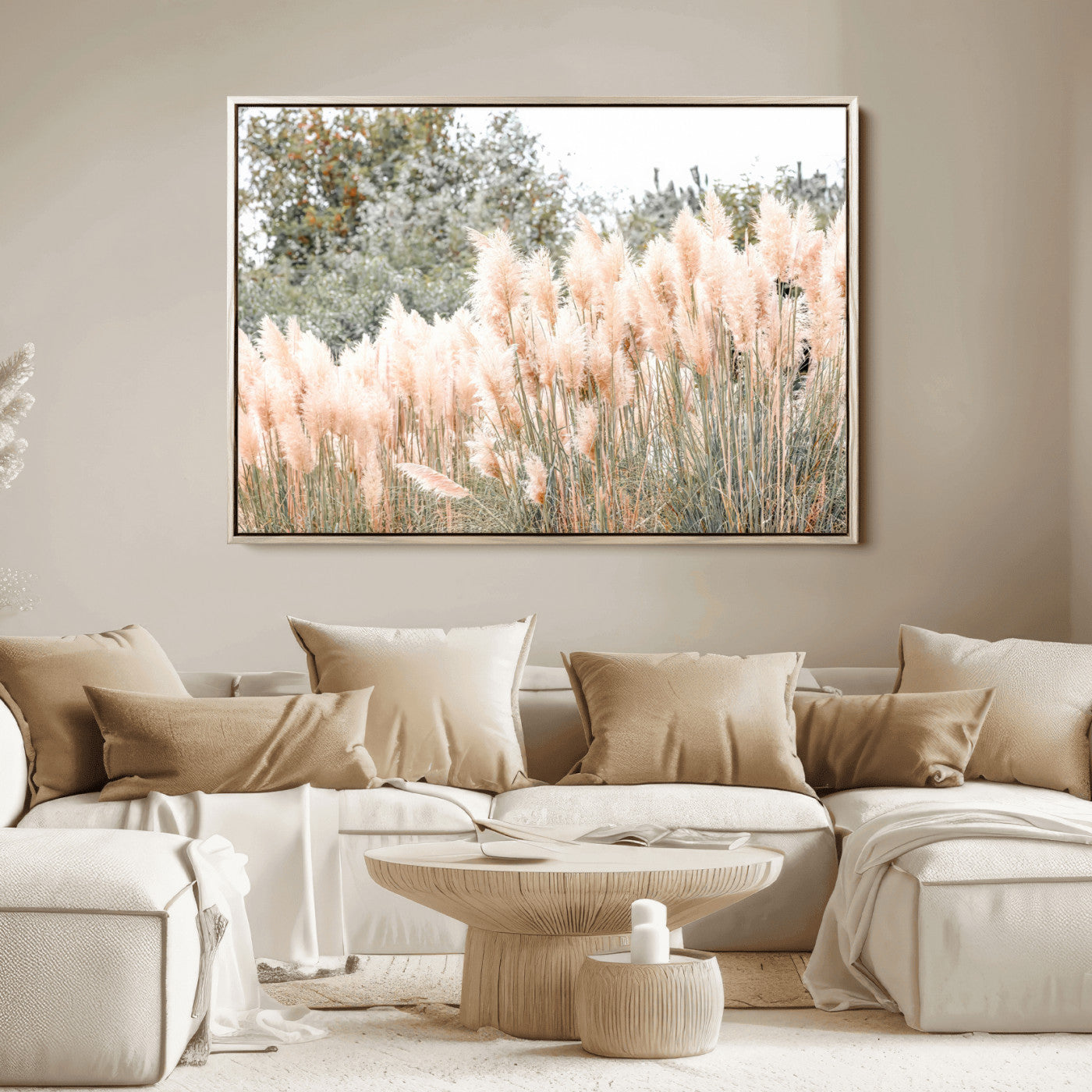 21826392-MGV-FC-36X24_Natural-Pampas Grass Wall Art Canvas Print, Framed Soft Pampas Art Picture Print, Pastel Grasses Perfect Soft Neutral Boho Decor Artwork