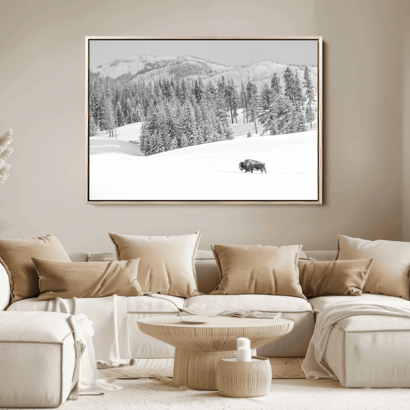 68081143-MGV-FC-36X24_Natural-Snowy Bison Wall Art Canvas Print, Framed Winter Forest Art Picture Print, Lone Bison Perfect Monochrome Winter Wild Decor Artwork