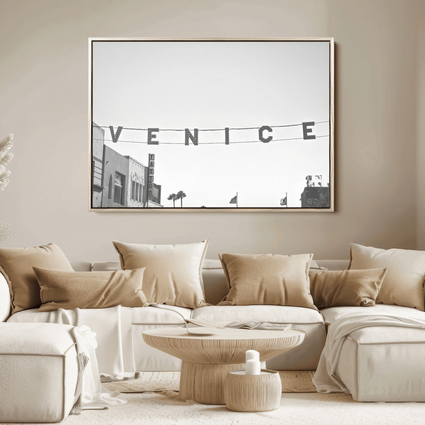 68254589-MGV-FC-36X24_Natural-Venice Sign Wall Art Canvas Print, Framed Venice Letters Art Picture Print, Los Angeles Perfect Minimalist Urban Decor Artwork