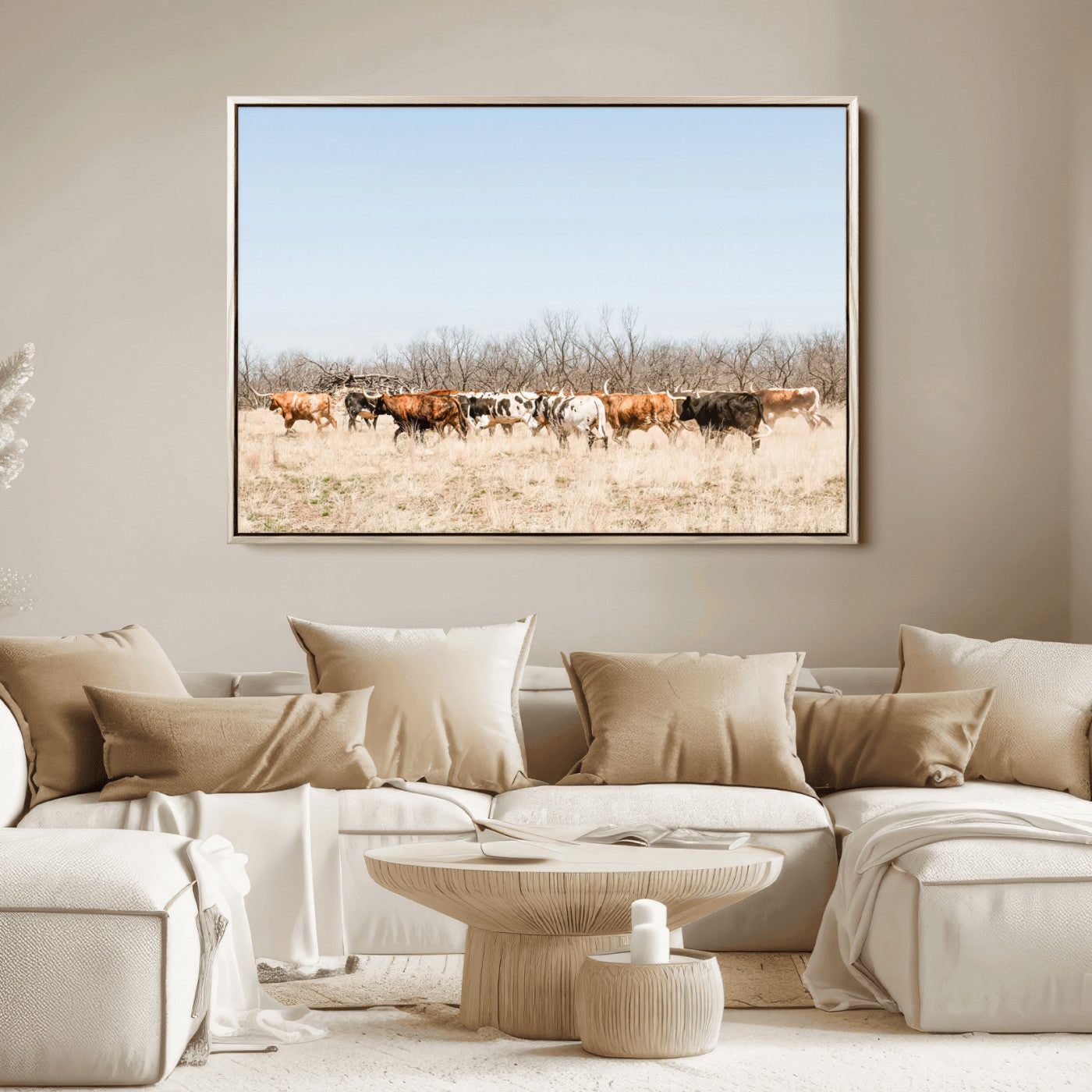 16563092-MGV-FC-36X24_Natural-Texas Longhorns Wall Art Canvas Print, Framed Western Cattles Art Picture Print, Rustic Herd Perfect Rustic Farmhouse Decor