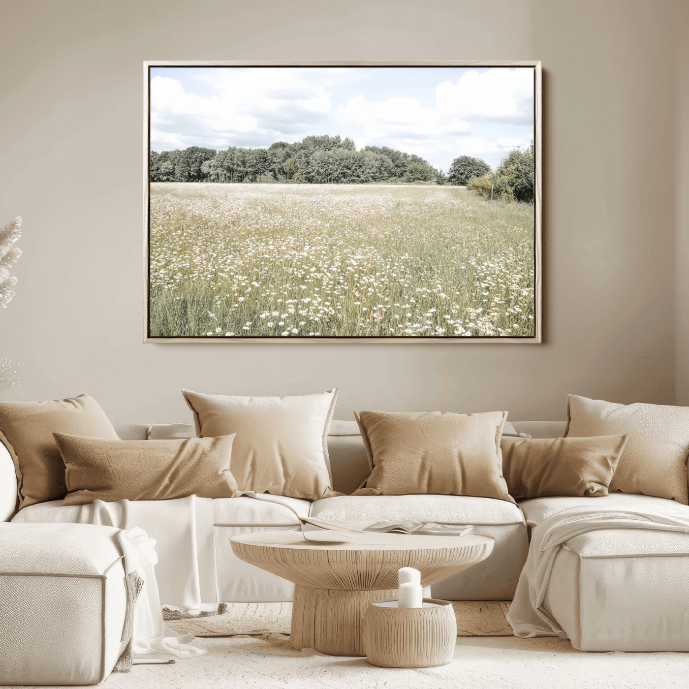 43258946-MGV-FC-36X24_Natural-Daisy Field Wall Art Canvas Print, Framed Pastel Flower Art Picture Print, Meadow Bloom Perfect Scandinavian Minimalist Decor