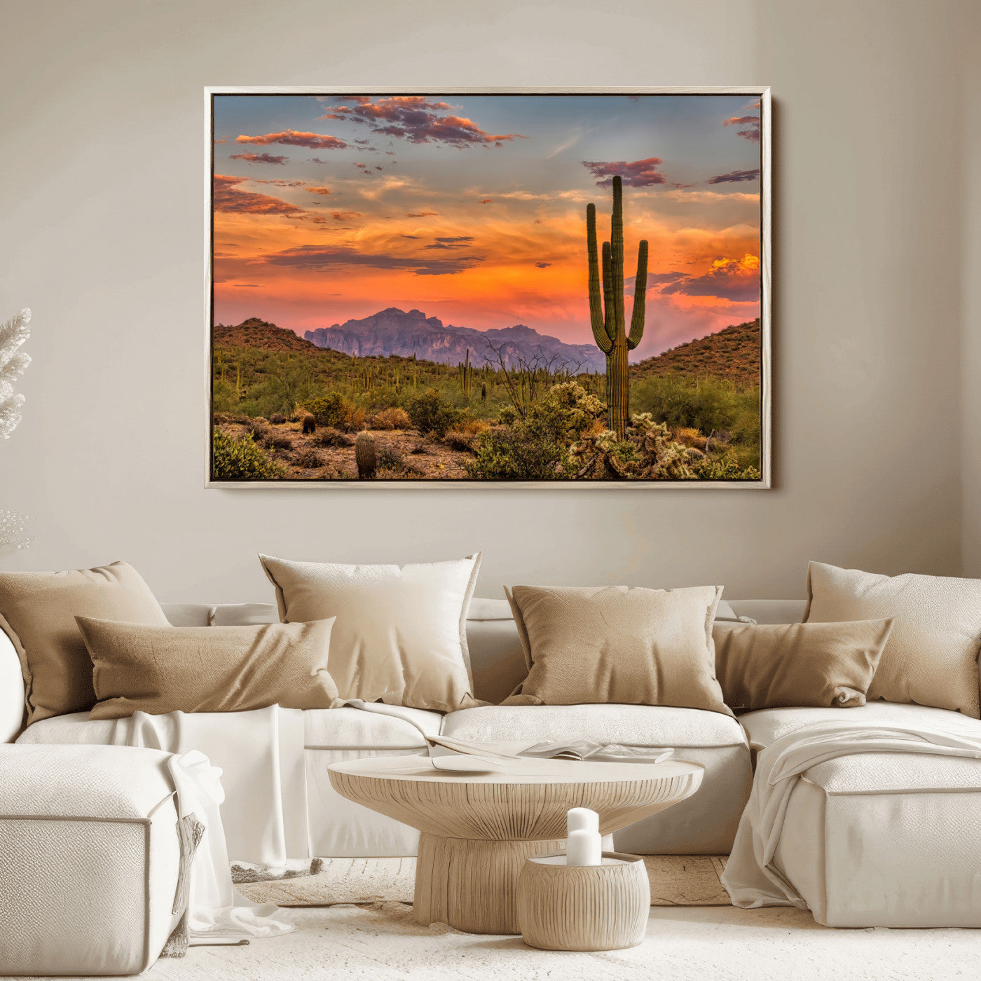 25332783-MGV-FC-36X24_Natural-Saguaro Cactus Wall Art Canvas Print, Framed Arizona Sunset Art Picture Print, Sonoran Desert Perfect Southwestern Boho Decor