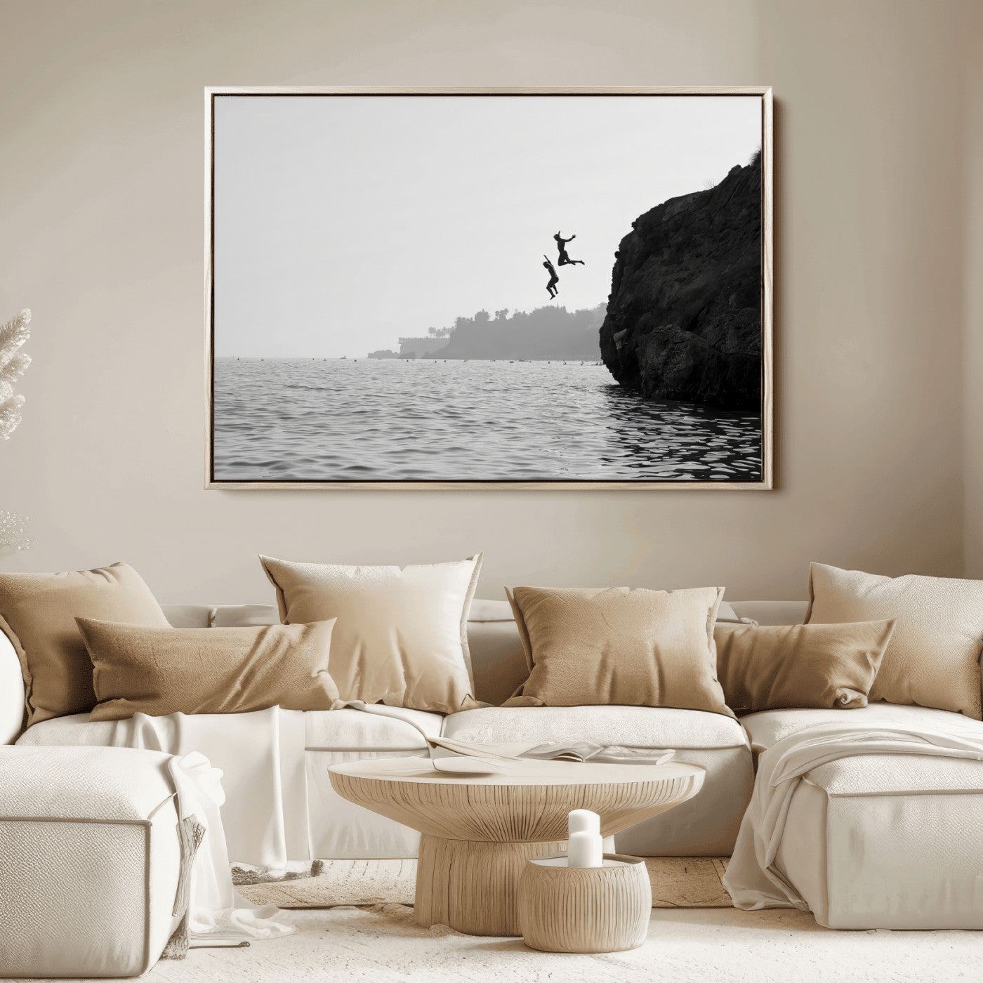 52284302-MGV-FC-36X24_Natural-Cliff Jumping Wall Art Canvas Print, Framed Ocean Adventure Art Picture Print, Black White Coast Perfect Modern Coastal Decor