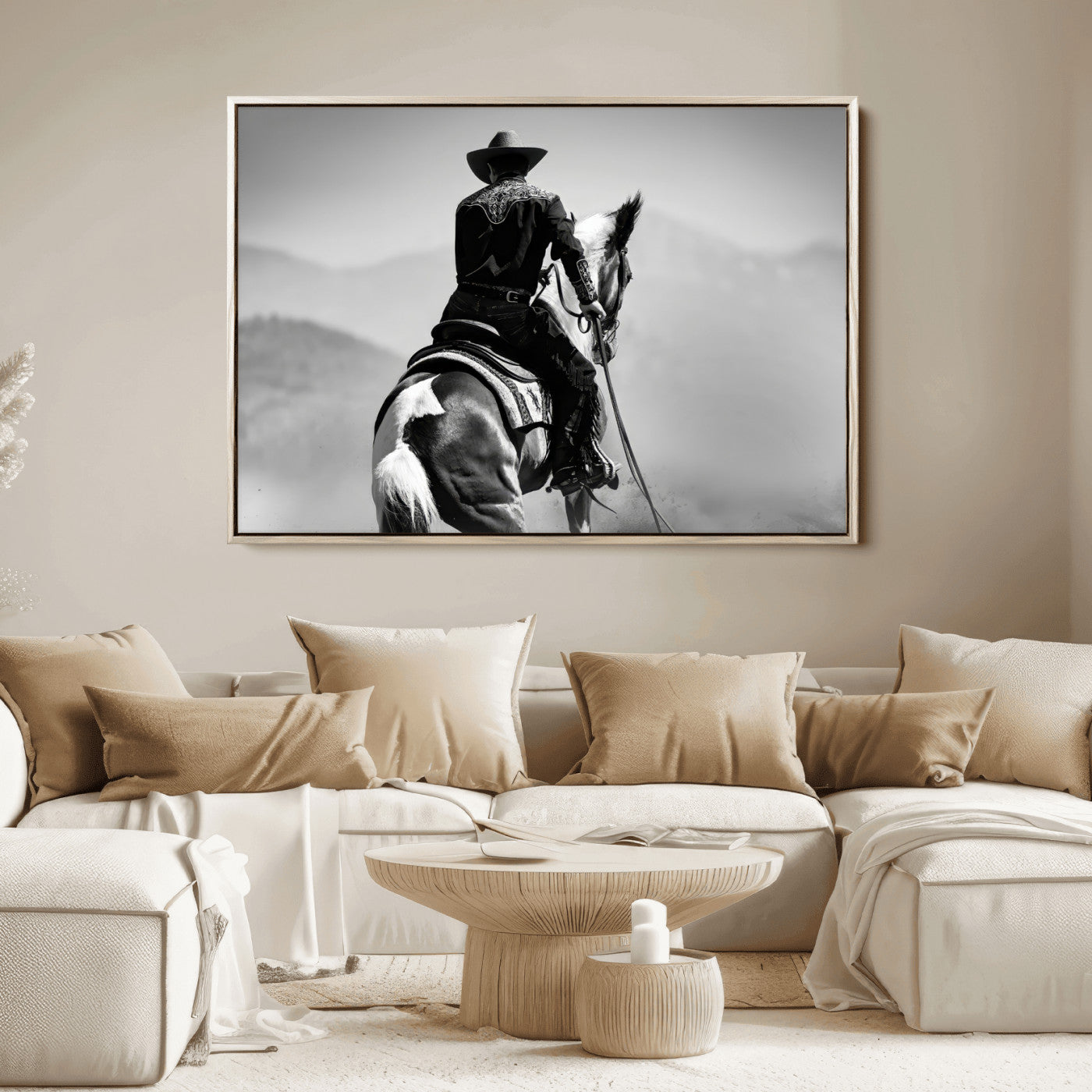 83102464-MGV-FC-36X24_Natural-Western Cowboy Wall Art Canvas Print, Framed Monochrome Horse Art Picture Print, Western Equestrian Perfect Rustic Western Decor