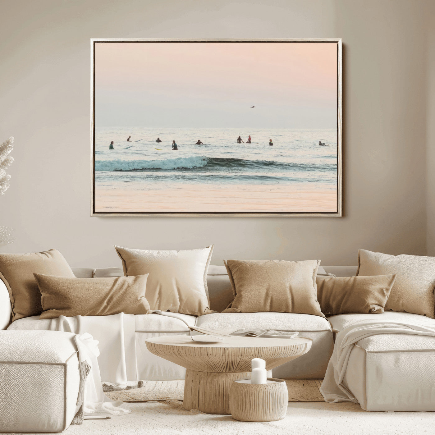 98888919-MGV-FC-36X24_Natural-Pastel Ocean Wall Art Canvas Print, Framed Soft Sunset Swimming Art Picture Print, Calm Sea Horizon Perfect Soft Coastal