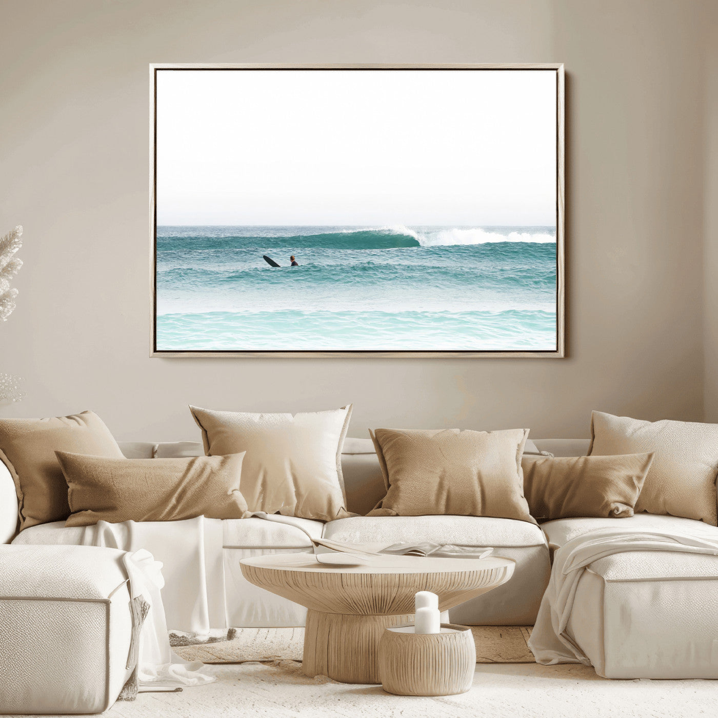 56345117-MGV-FC-36X24_Natural-Minimalist Surfing Wall Art Canvas Print, Framed Ocean Waves Art Picture Print, Soft Ocean Perfect Minimalist Coastal Decor