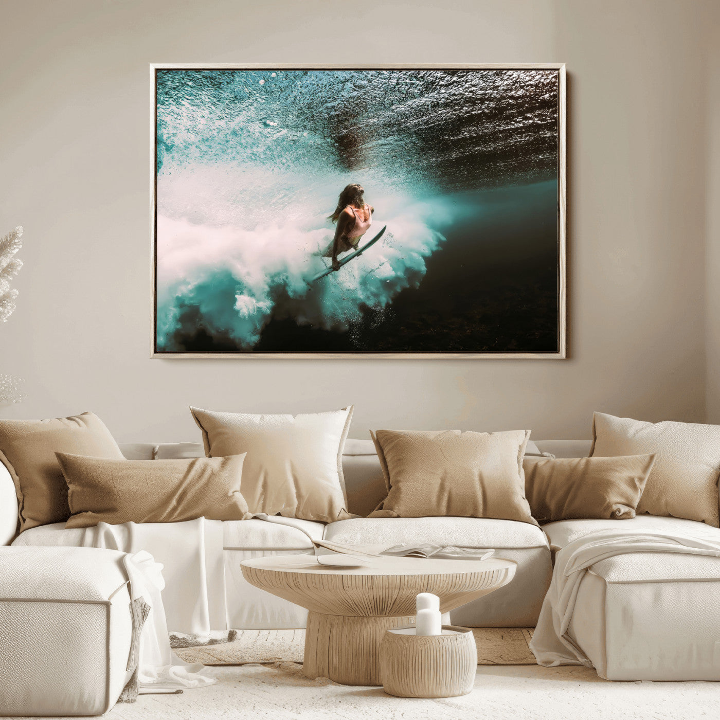 85923512-MGV-FC-36X24_Natural-Aquatic Motion Wall Art Canvas Print, Framed Underwater Swimming Art Picture Print, Female Surfer Diving Perfect Coastal Boho
