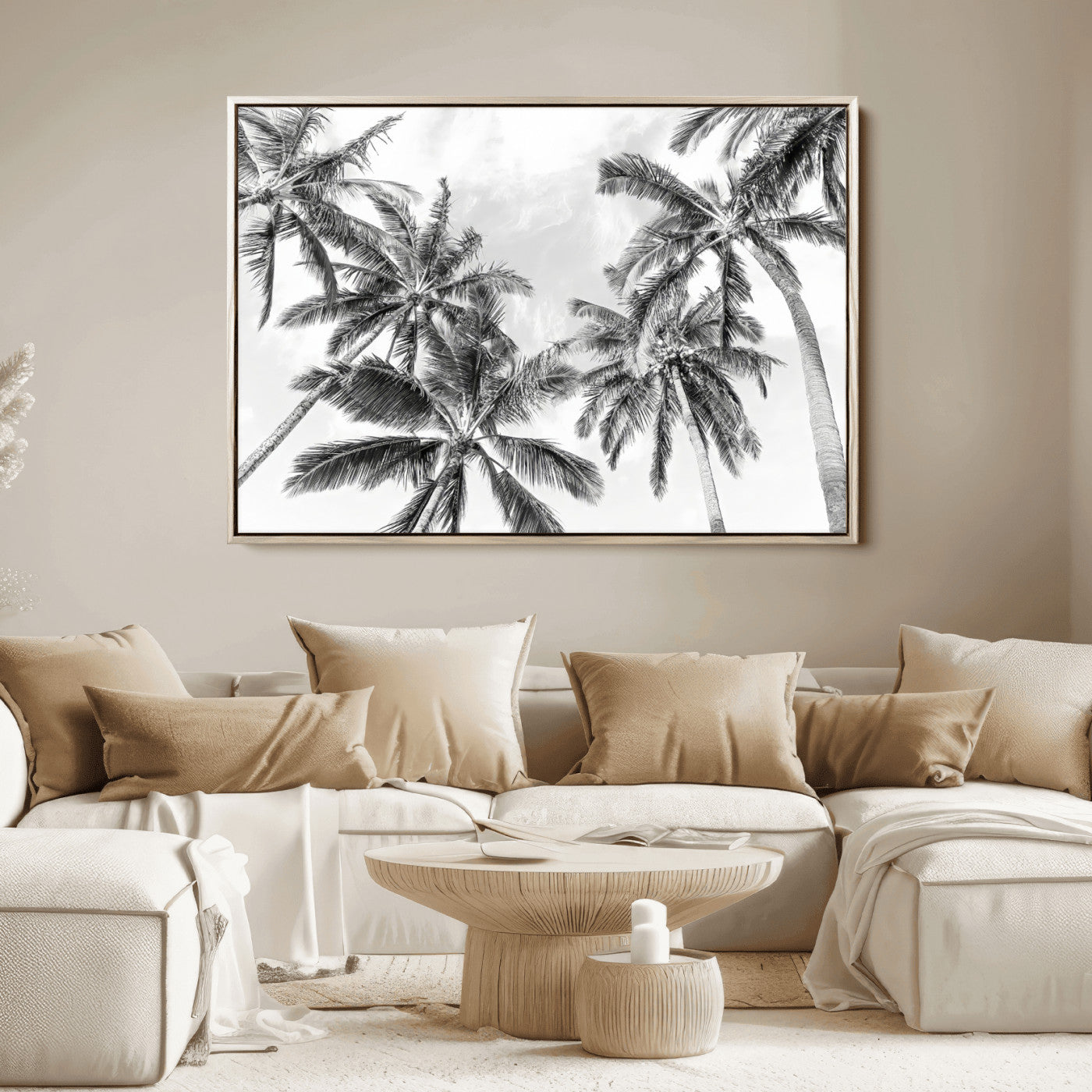 62113786-MGV-FC-36X24_Natural-Black White Palm Wall Art Canvas Print, Framed Monochrome Tropics Art Picture Print, Minimalist Beach Perfect Coastal Minimalist