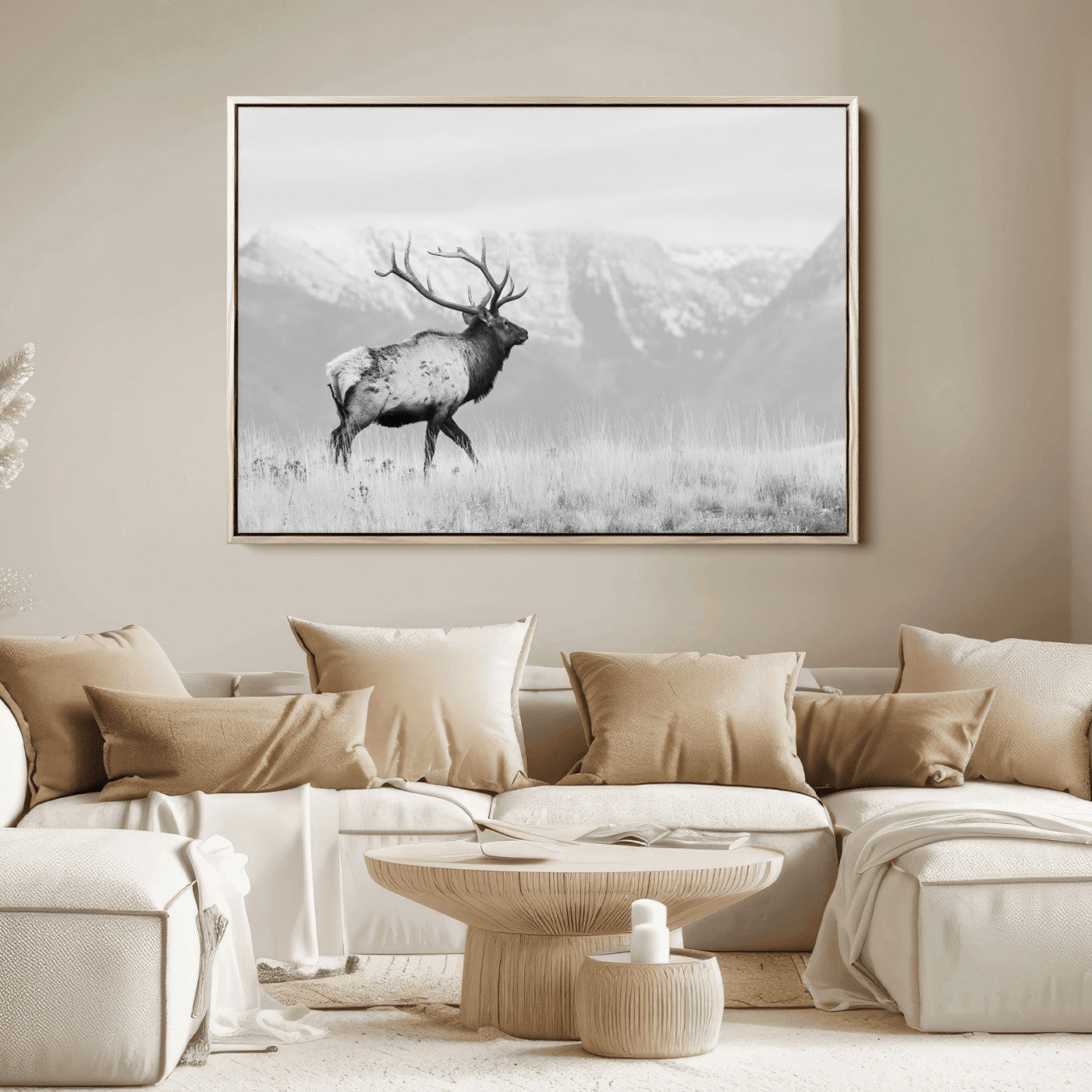 62278753-MGV-FC-36X24_Natural-Monochrome Elk Wall Art Canvas Print, Framed Mountain Wildlife Art Picture Print, Rustic Nature Perfect Rustic Minimalist Decor