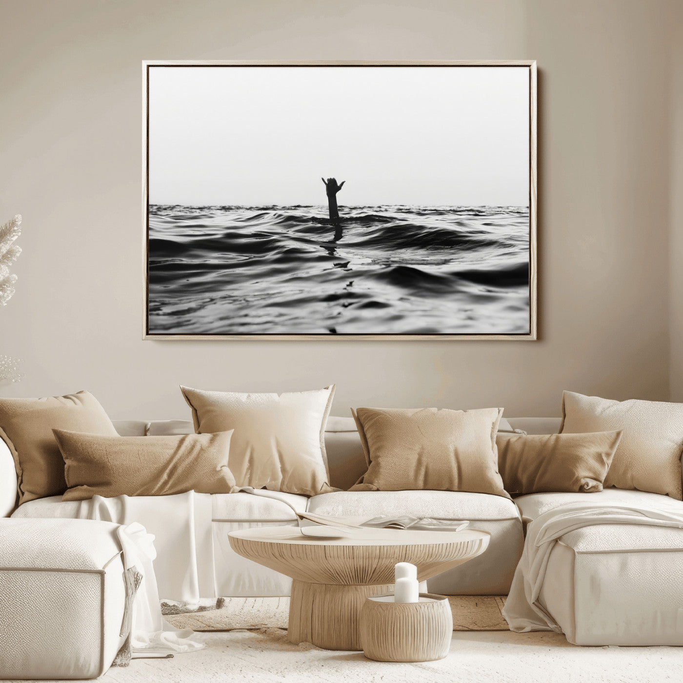 69541918-MGV-FC-36X24_Natural-Black White Ocean Wall Art Canvas Print, Framed Moody Seascape Art Picture Print, Surfer Sign Perfect Moody Minimalist Decor