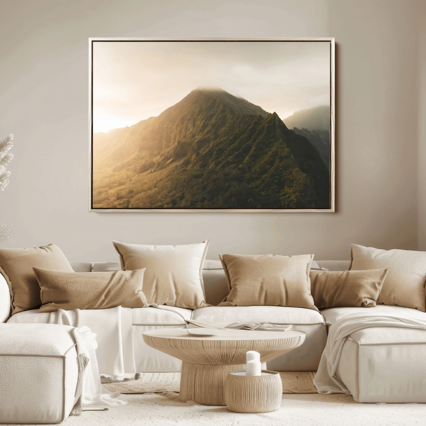 42338636-MGV-FC-36X24_Natural-Golden Mountain Wall Art Canvas Print, Framed Misty Summit Art Picture Print, Rugged Landscape Perfect Moody Wilderness Decor