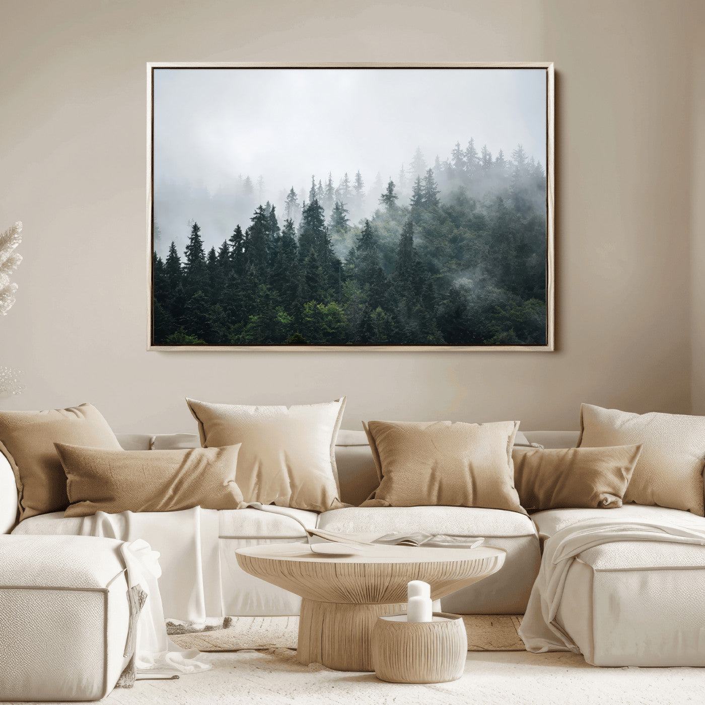 84146572-MGV-FC-36X24_Natural-Foggy Pine Trees Wall Art Canvas Print, Framed Forest Nature Art Picture Print, Evergreen Forest Perfect Scandinavian Minimalist