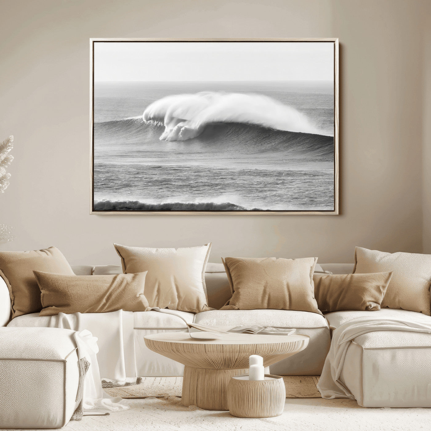 42544082-MGV-FC-36X24_Natural-Monochrome Seascape Wall Art Canvas Print, Framed Surf Wave Art Picture Print, Minimalist Ocean Perfect Moody Coastal Decor